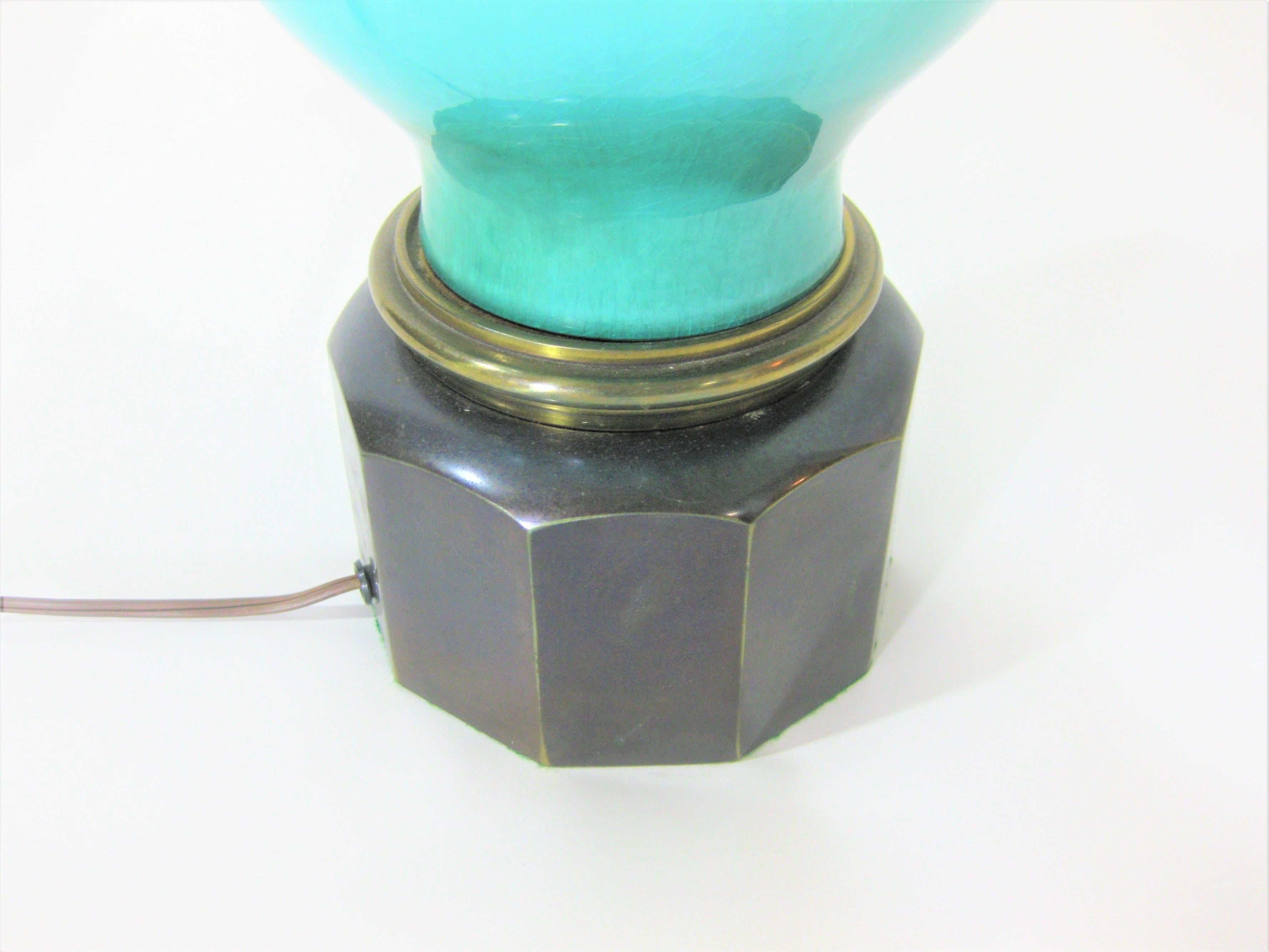1950s Stiffel Lamp Turquoise Crackle Glaze Ceramic and Brass For Sale 3