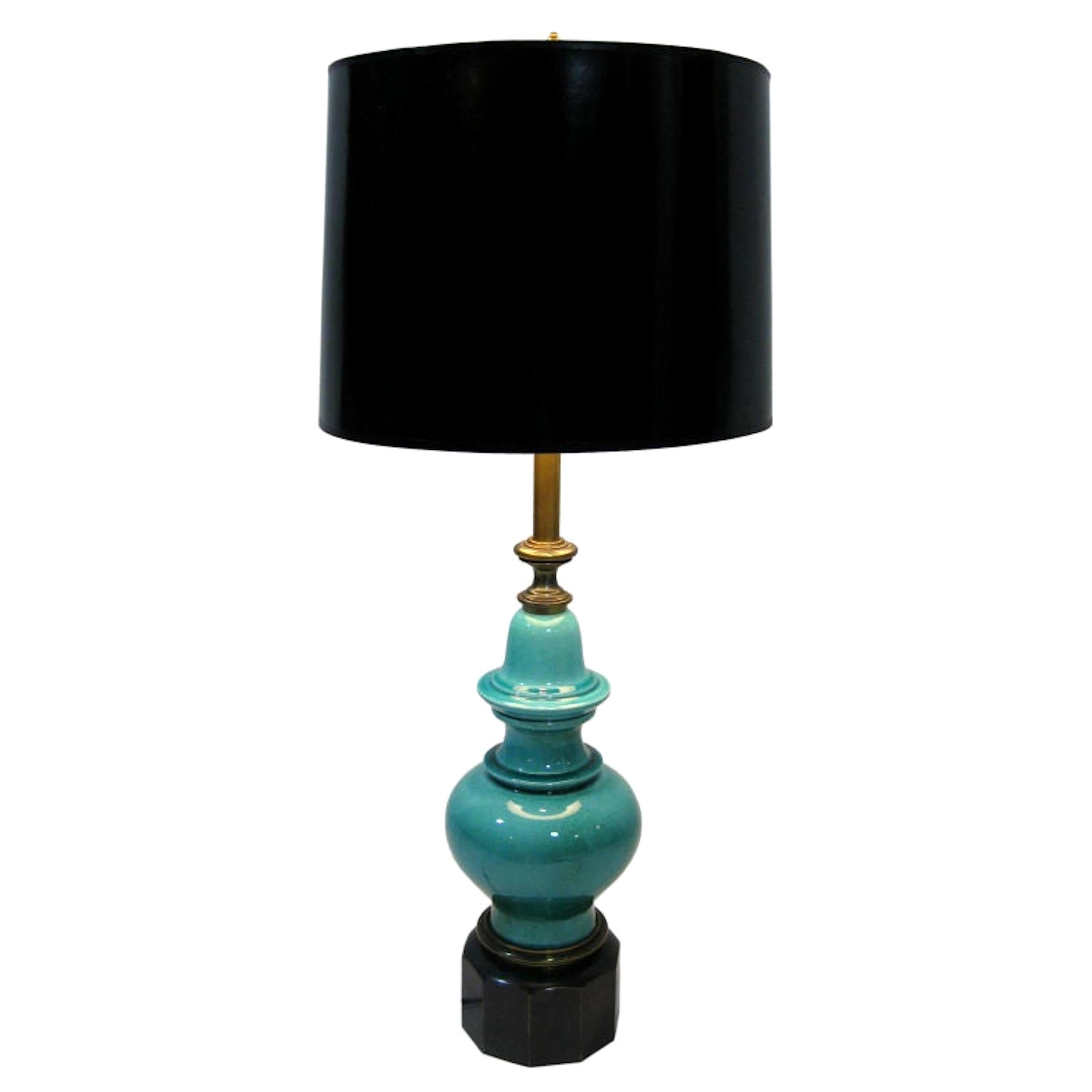 1950s Stiffel Lamp Turquoise Crackle Glaze Ceramic and Brass
