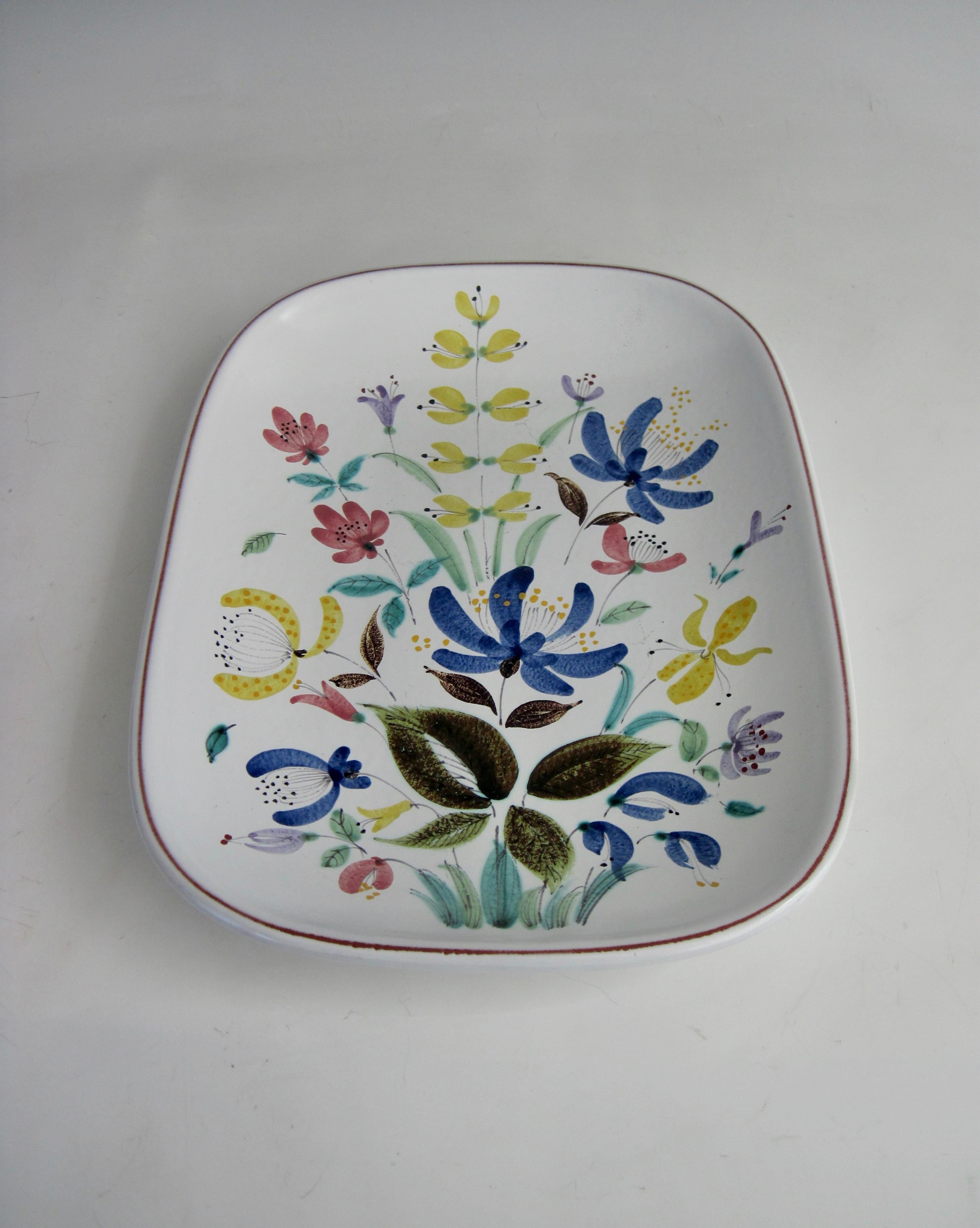 Glazed 1950s Stig Lindberg Rectangular Dish with Flowers