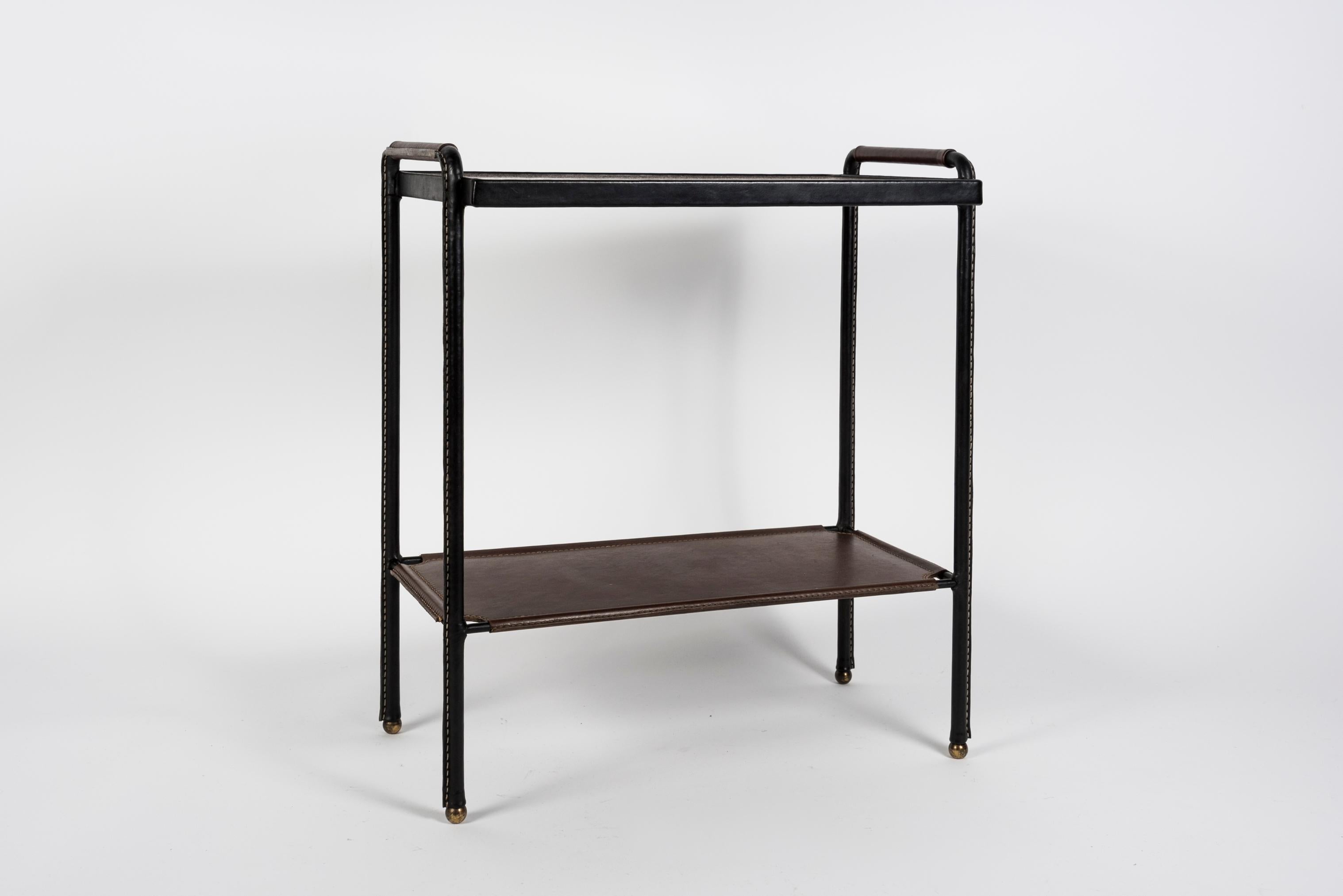 European 1950's Stiitched leather side table by Jacques Adnet