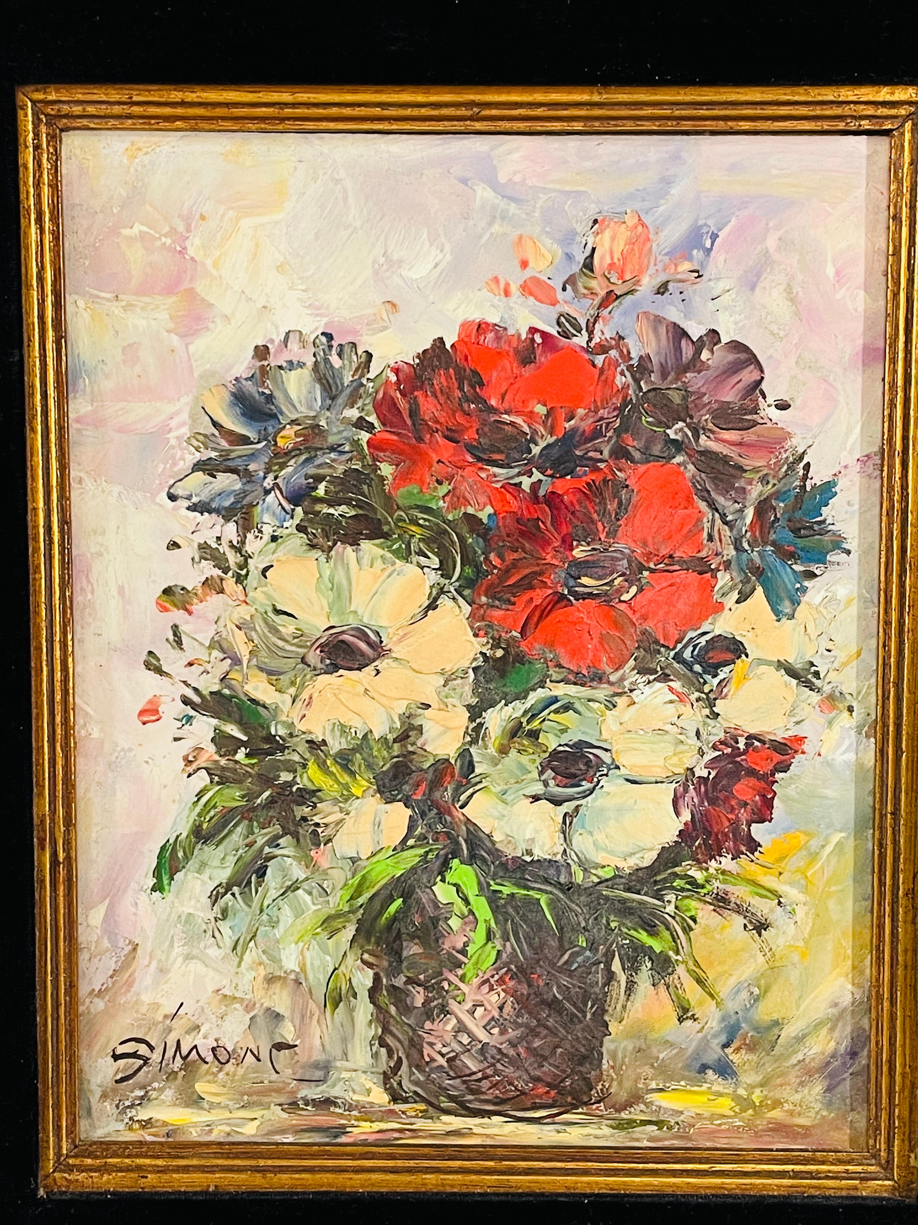 A vintage Mid Century 1950's still life oil on board painting Signed by the artist Simone in the bottom left. Featuring vibrant colors, the painting is presented in a custom fame with black velvet matting and hand carved wooden gilded frame. This
