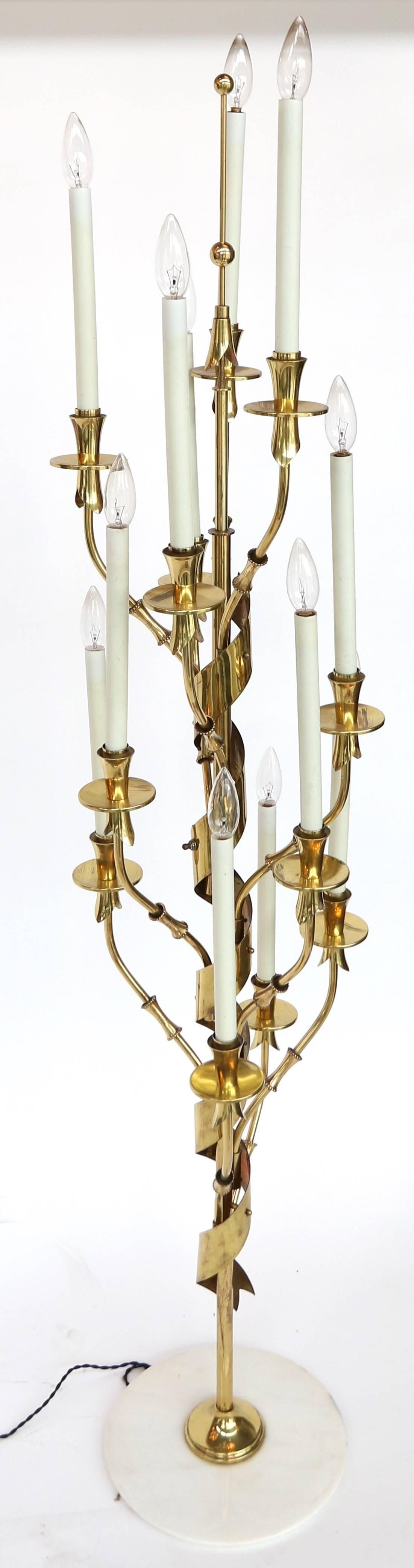 1950s Stilnovo brass candelabra floor lamp with nine-light and marble base.