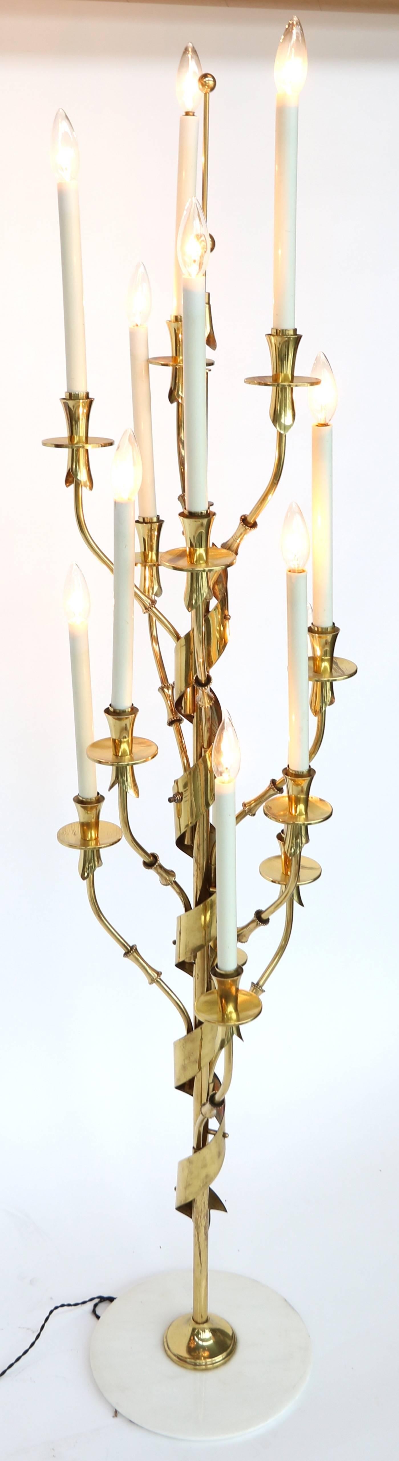 Mid-Century Modern 1950s Stilnovo Brass Candelabra Floor Lamp with Marble Base For Sale