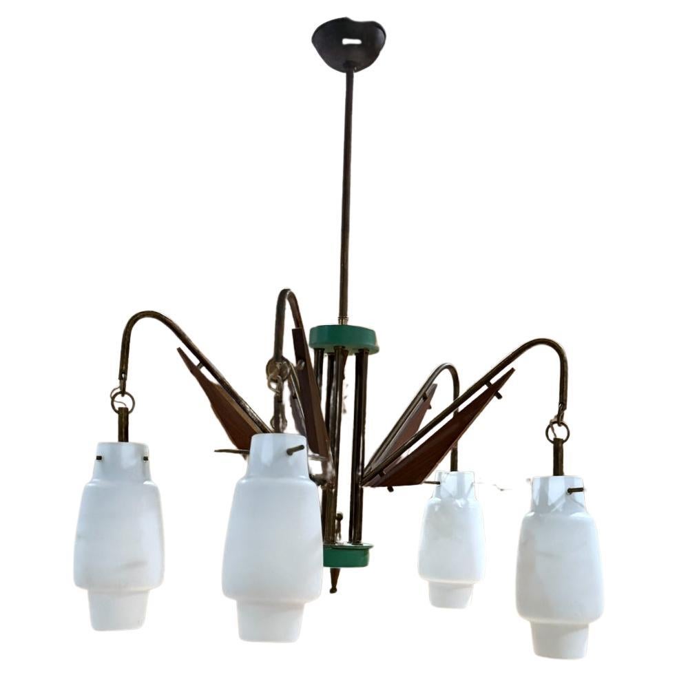 1950s Stilnovo Five Arm Italian Chandelier Brass Opaline