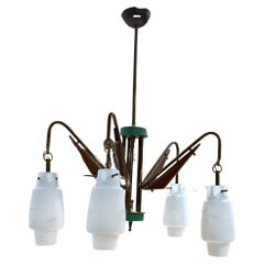 1950s Stilnovo Five Arm Italian Chandelier Brass Opaline