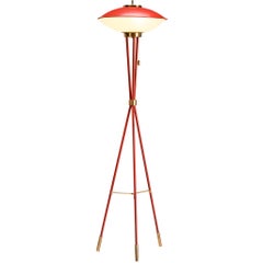 1950s Stilnovo Floor Lamp in Brass Glass and Red Lacquered Steel