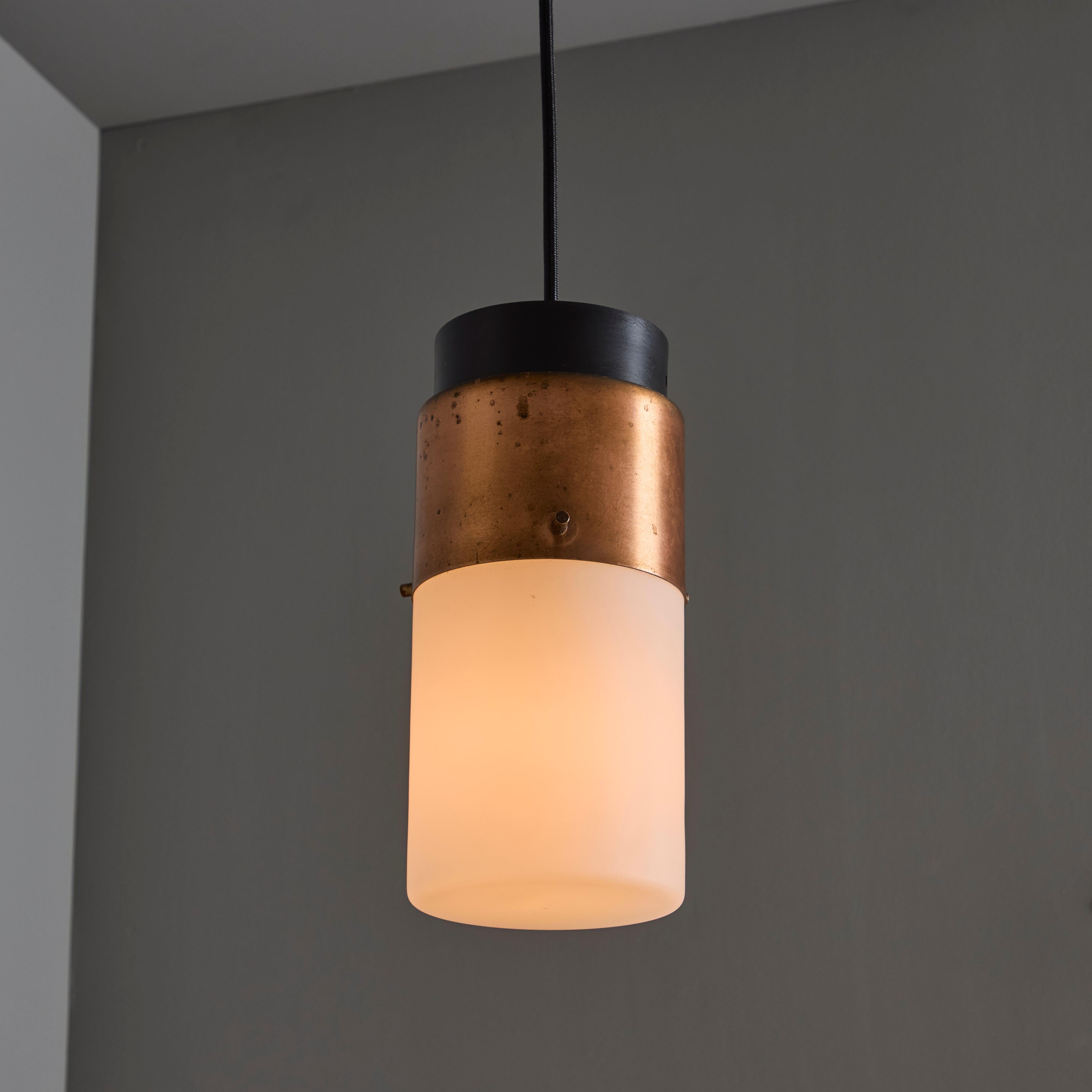 Mid-Century Modern 1950s Stilnovo Glass & Copper Cylindrical Pendant with Original Yellow Label For Sale