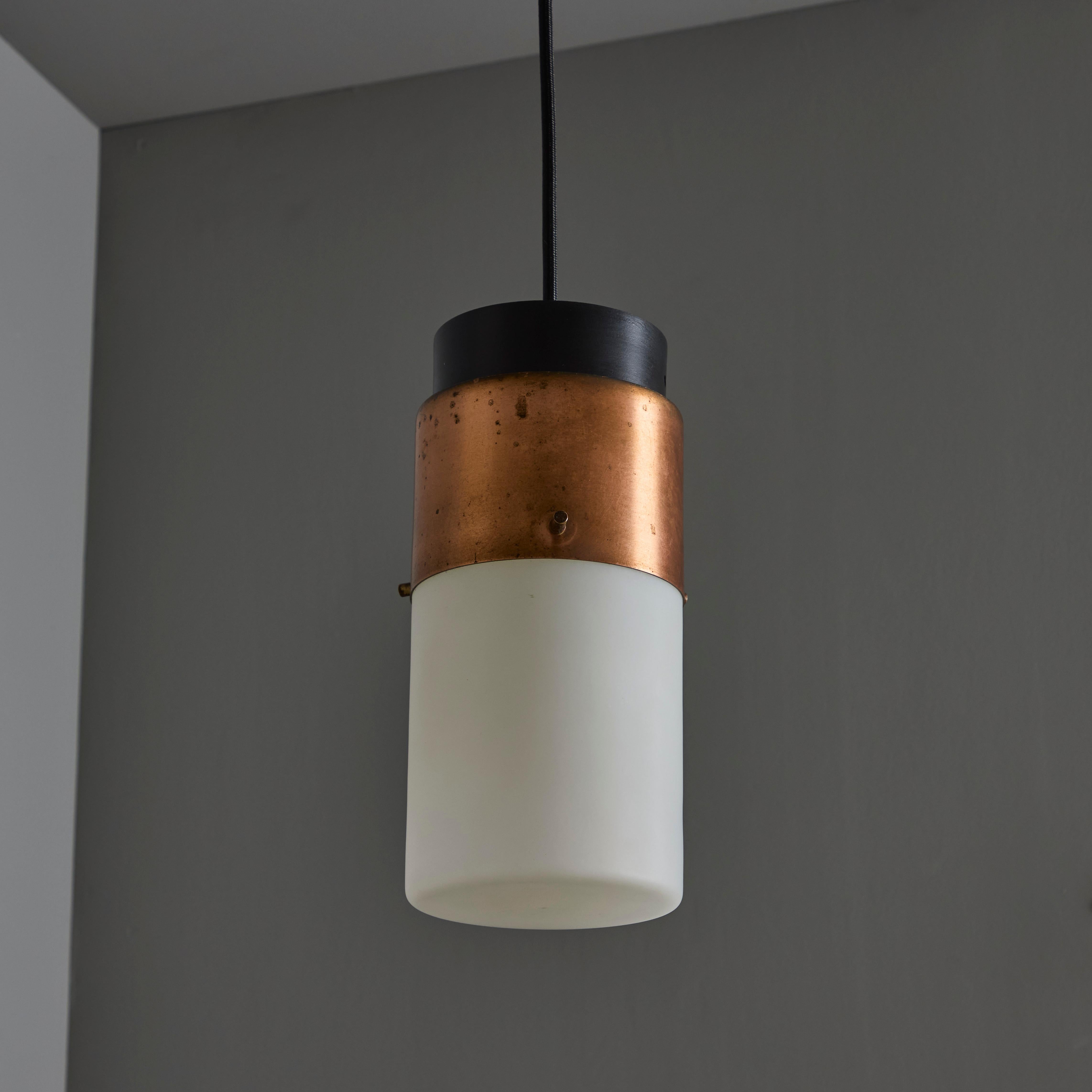Italian 1950s Stilnovo Glass & Copper Cylindrical Pendant with Original Yellow Label For Sale