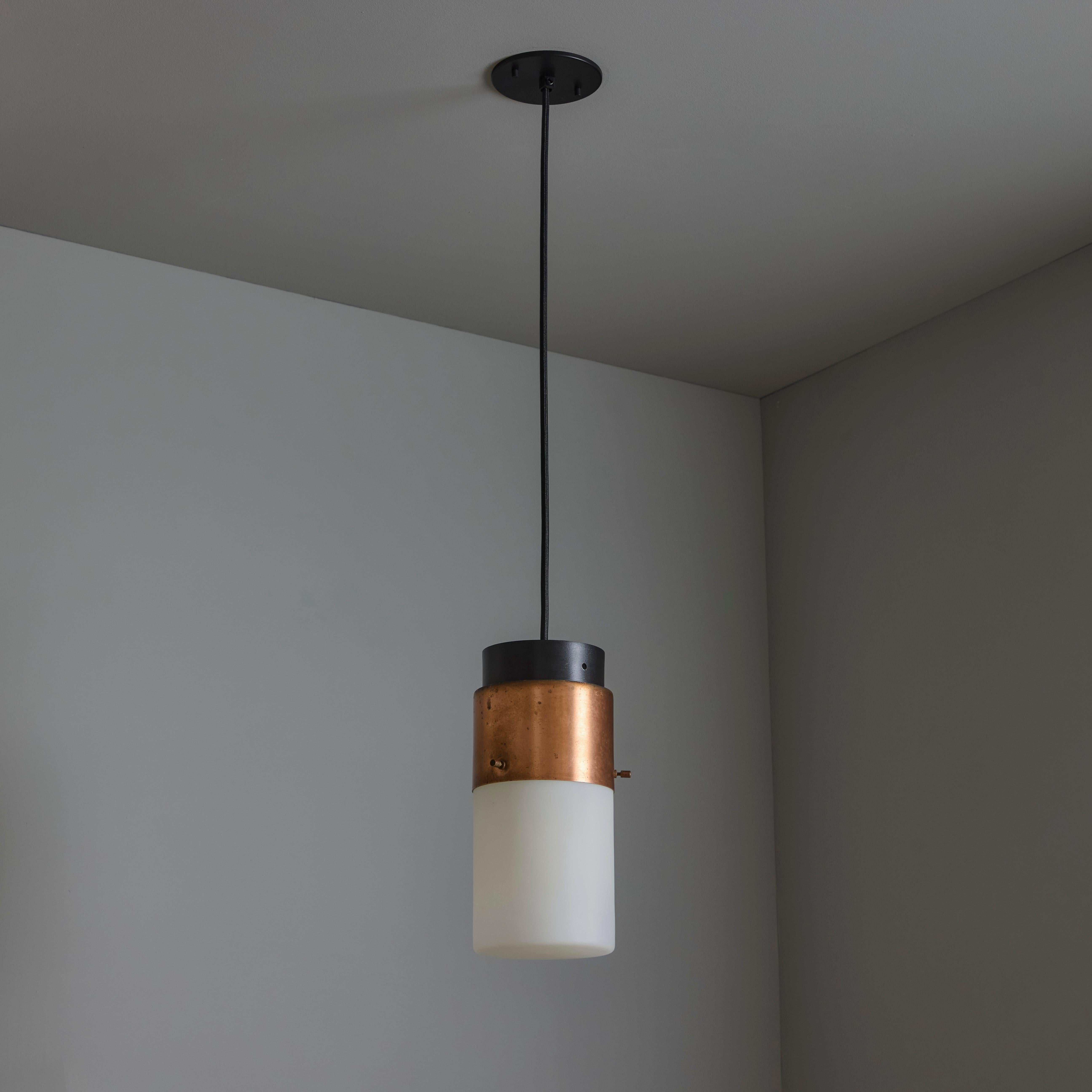 1950s Stilnovo Glass & Copper Cylindrical Pendant with Original Yellow Label In Good Condition For Sale In Glendale, CA
