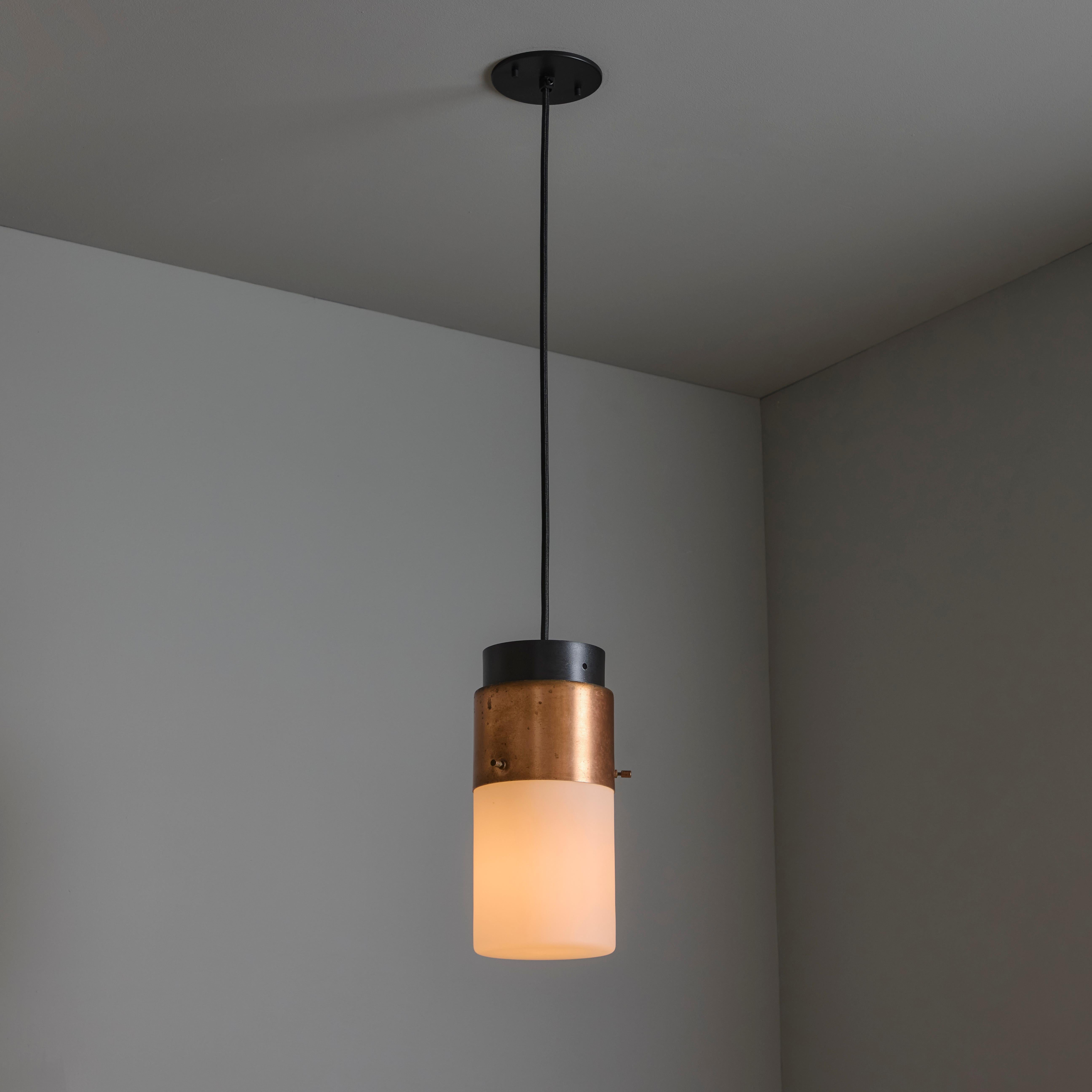 Mid-20th Century 1950s Stilnovo Glass & Copper Cylindrical Pendant with Original Yellow Label For Sale