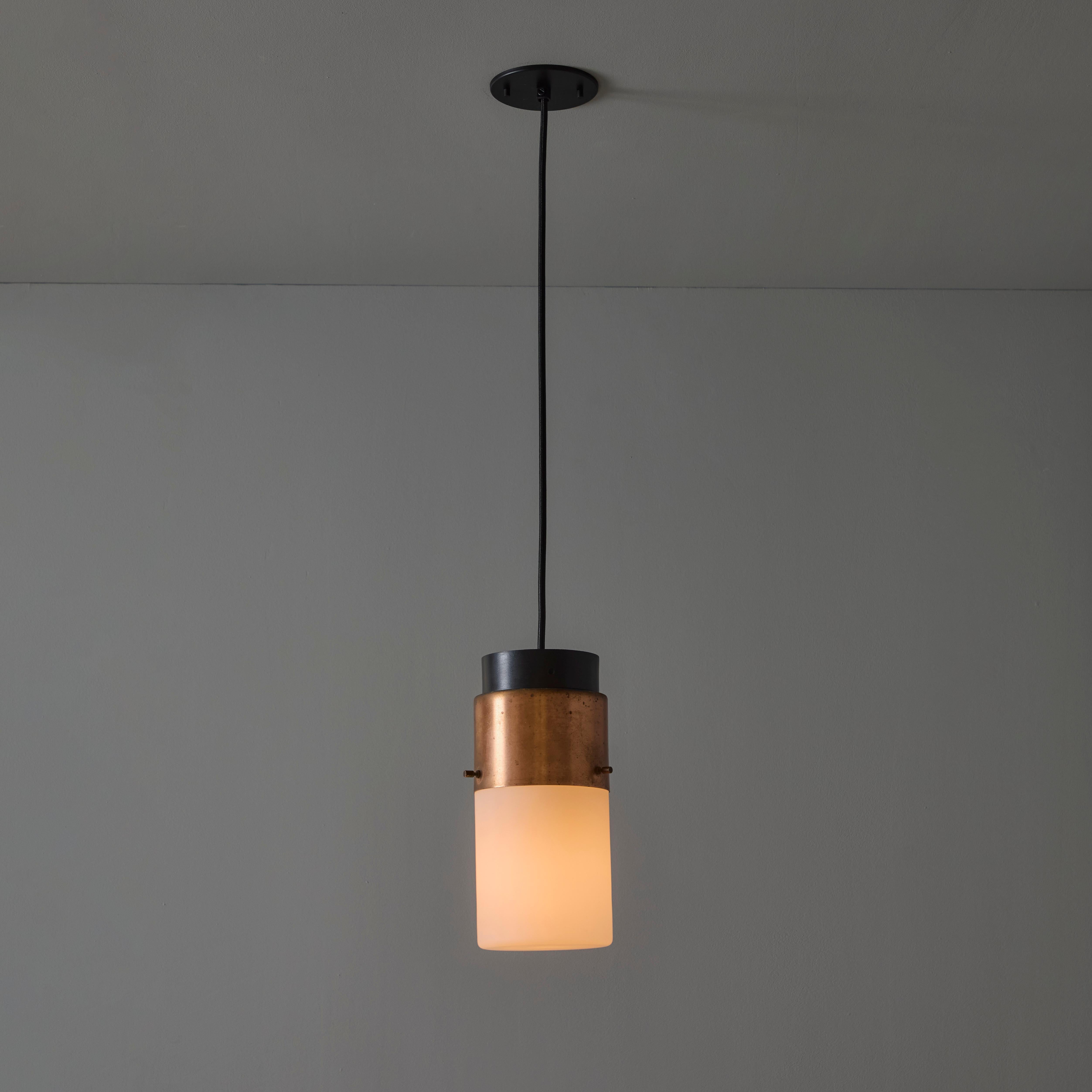 Opaline Glass 1950s Stilnovo Glass & Copper Cylindrical Pendant with Original Yellow Label For Sale