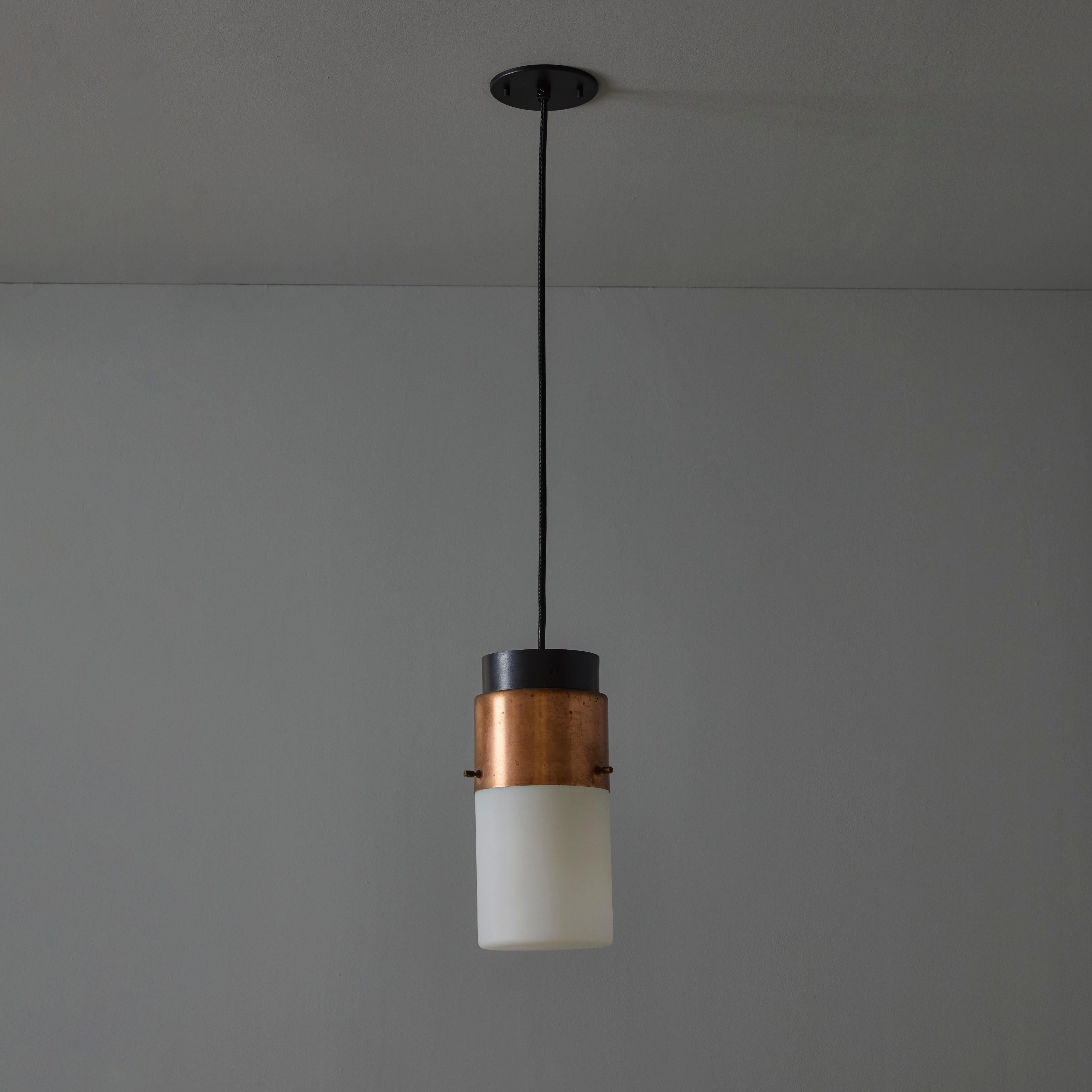 1950s Stilnovo Glass & Copper Cylindrical Pendant with Original Yellow Label For Sale 1