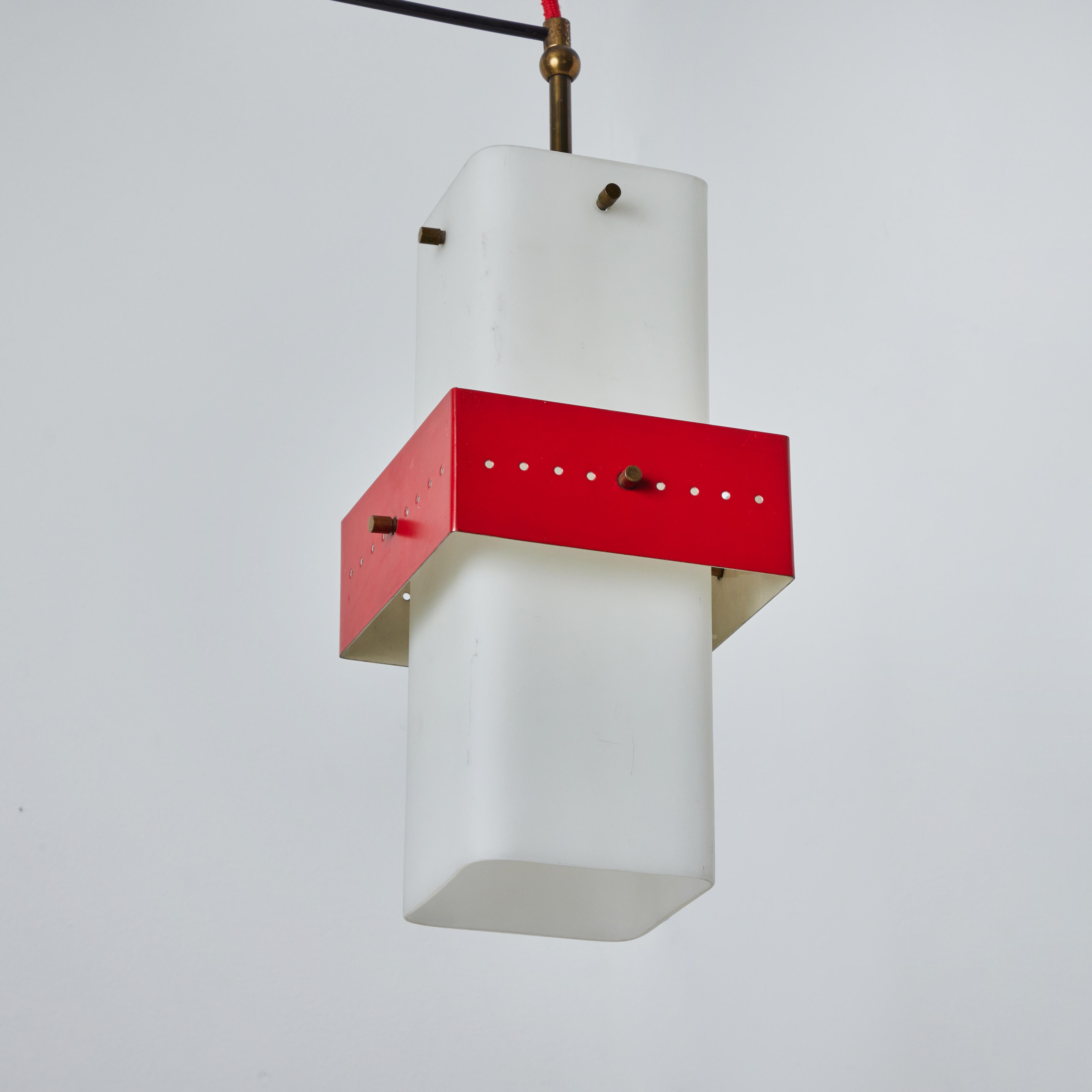 1950s Stilnovo Red Metal & Opaline Glass Suspension Lamp For Sale 4