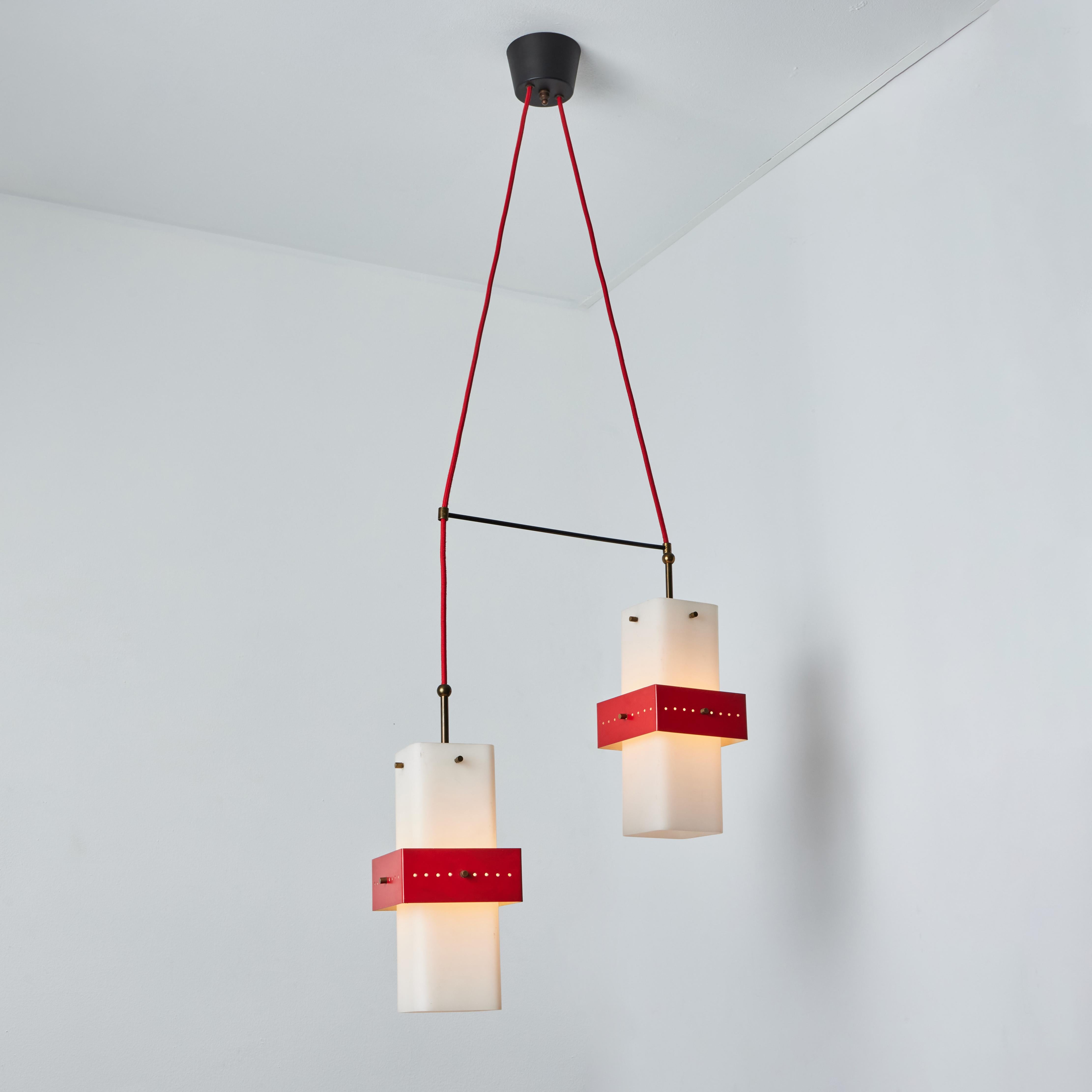 1950s Stilnovo Red Metal & Opaline Glass Suspension Lamp For Sale 5