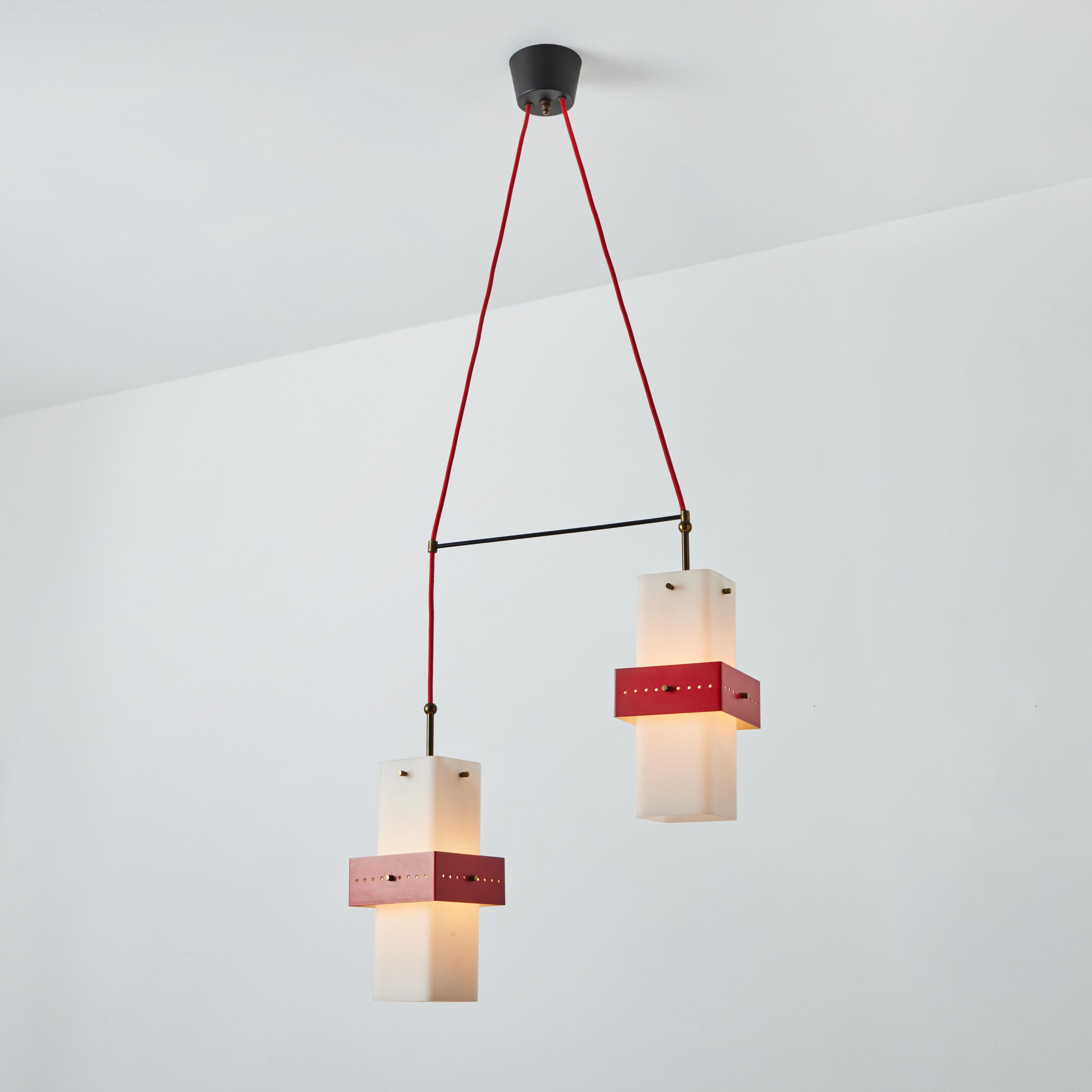 1950s Stilnovo Red Metal & Opaline Glass Suspension Lamp For Sale 6