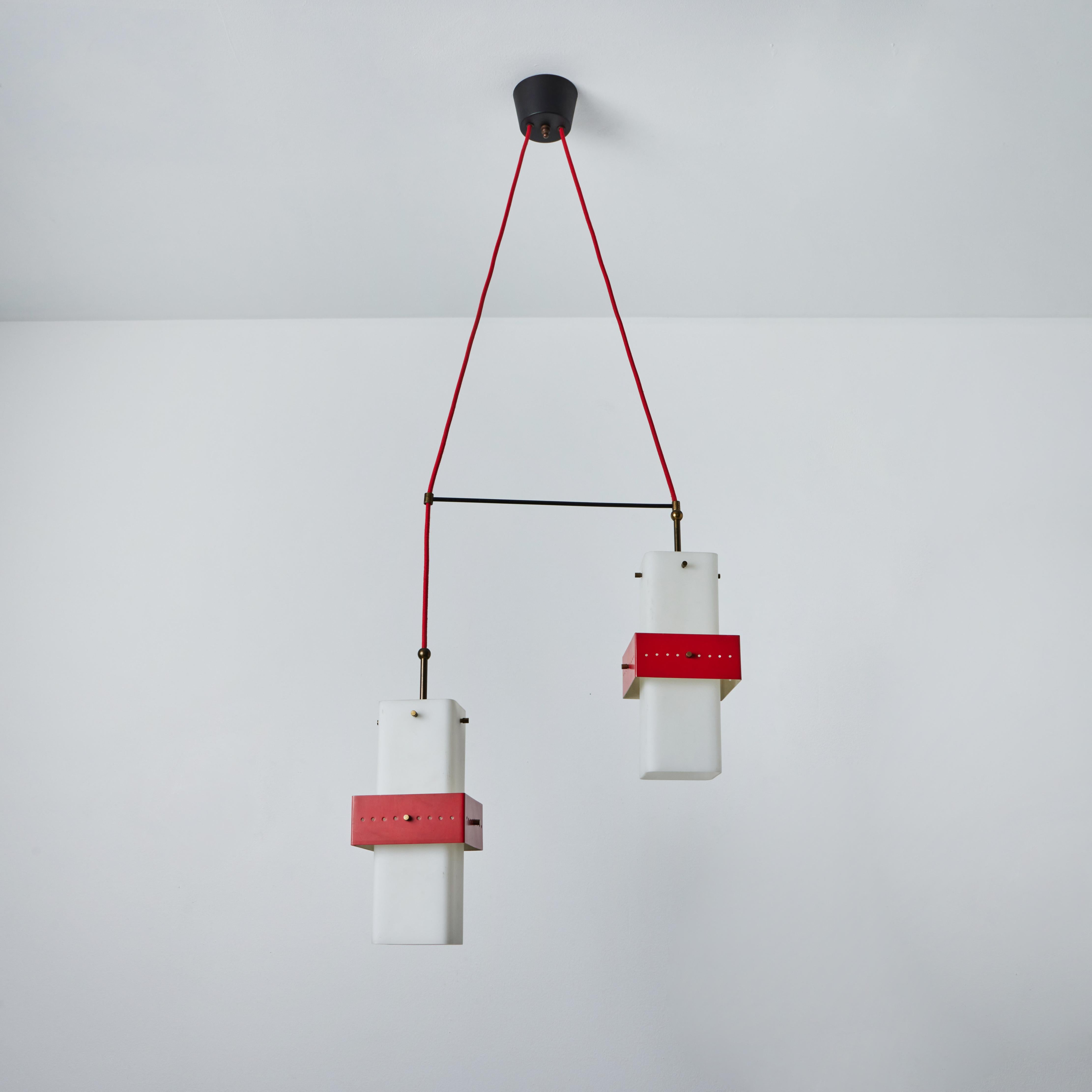 Mid-Century Modern 1950s Stilnovo Red Metal & Opaline Glass Suspension Lamp For Sale