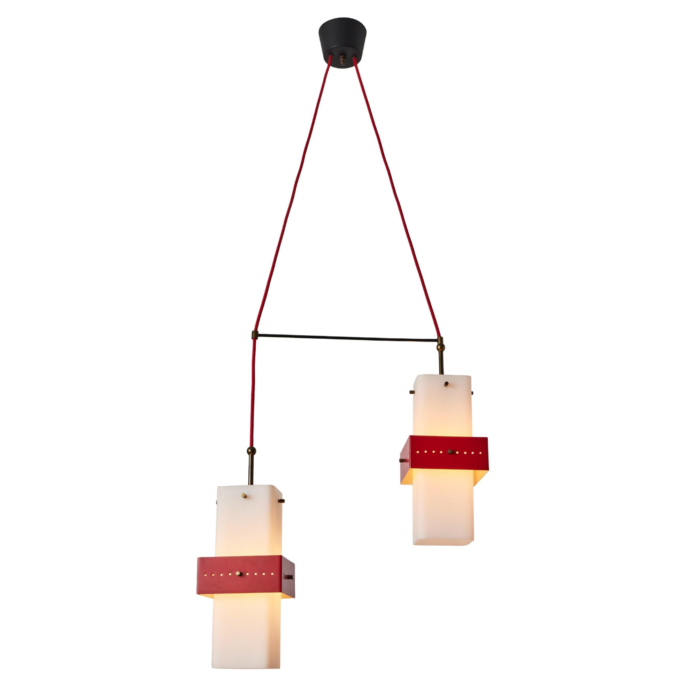 1950s Stilnovo Red Metal & Opaline Glass Suspension Lamp For Sale