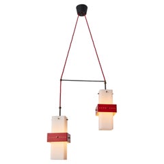 1950s Stilnovo Red Metal & Opaline Glass Suspension Lamp