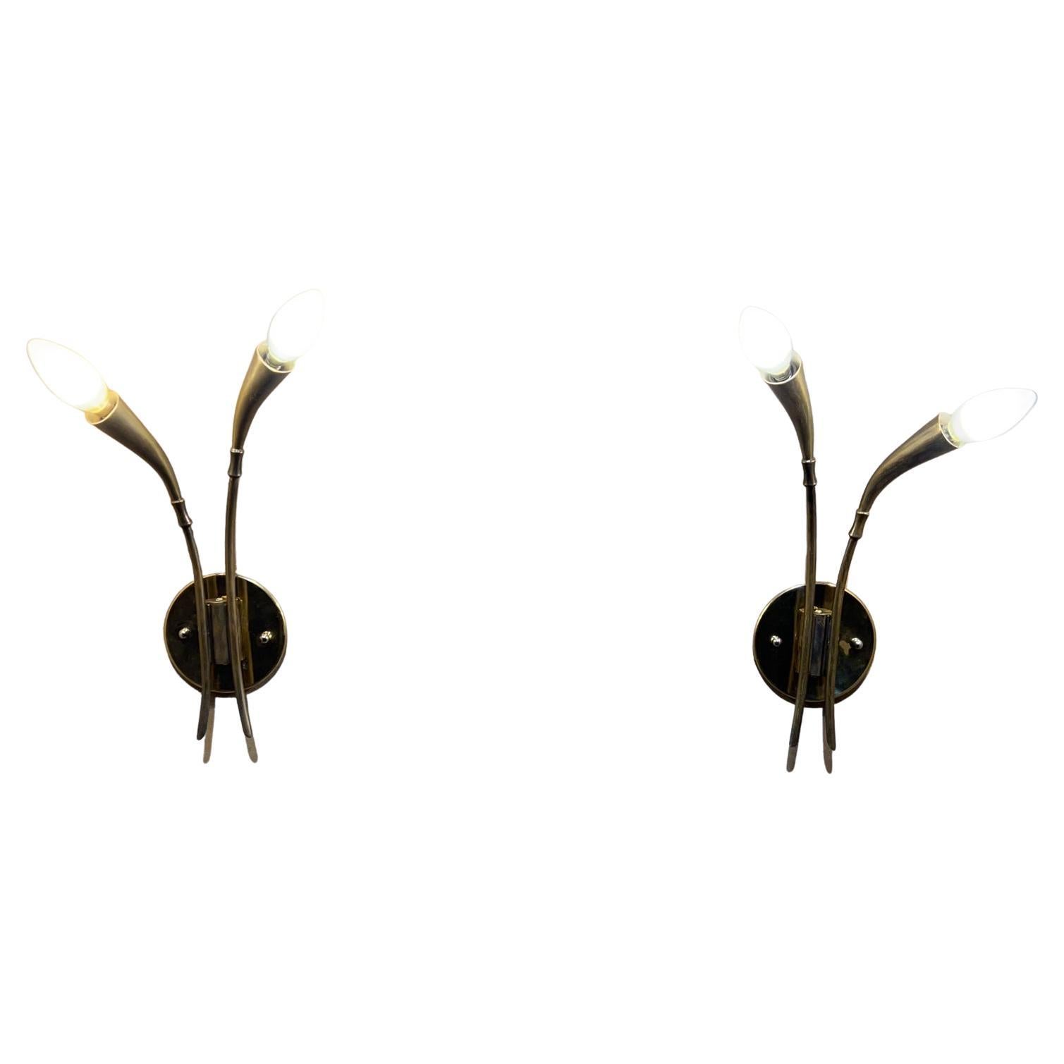 1950s Stilnovo Sculptural Italian Wall Sconces in Patinated Brass Italy For Sale