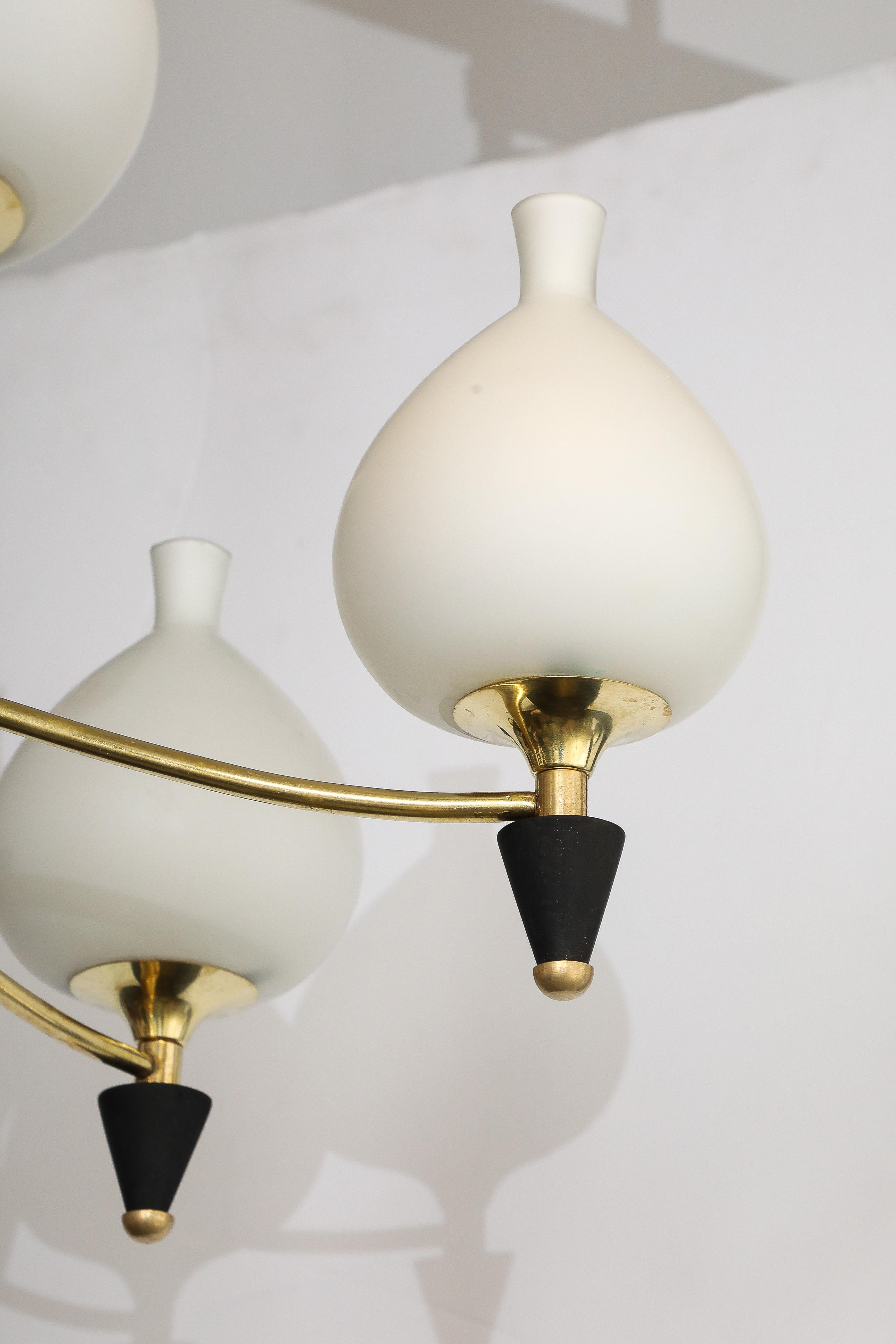 1950's Stilnovo Style Brass And Opaline Glass Italian Chandelier For Sale 7