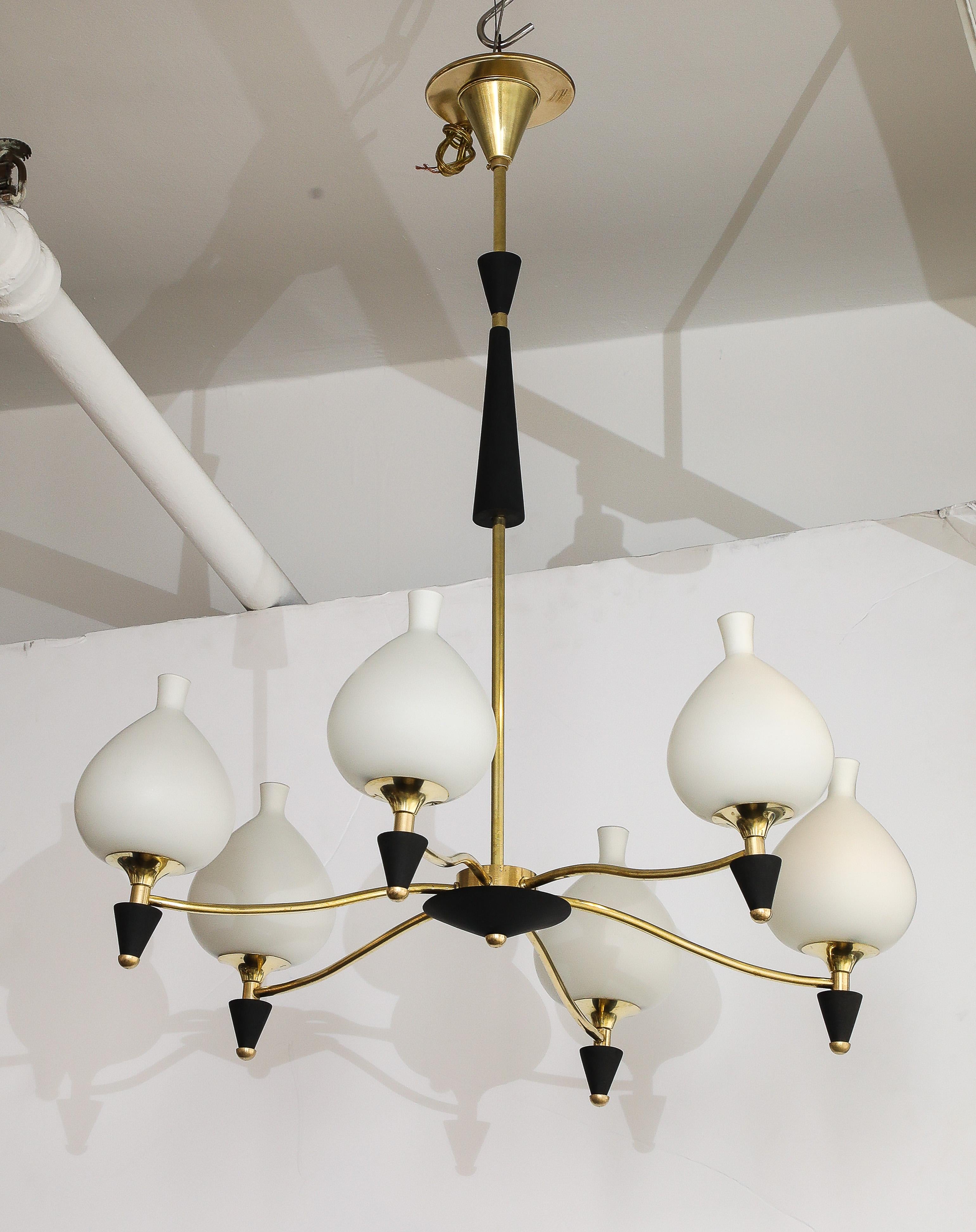 1950's Stilnovo Style Brass And Opaline Glass Italian Chandelier For Sale 8