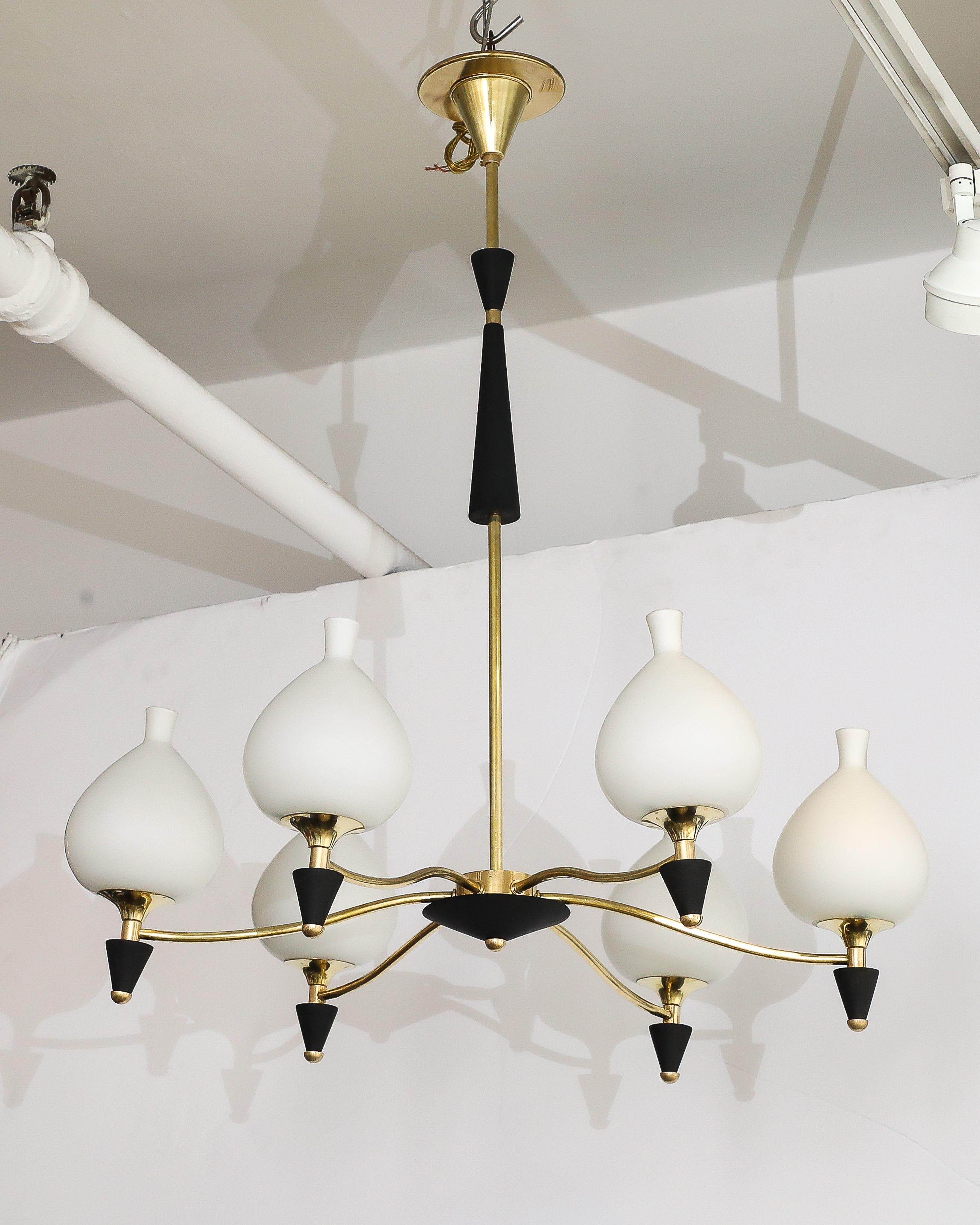 1950's mid-century modern Italian 6 arm brass and opaline glass chandelier with black wood in the style of Stilnovo, fully restored and newly rewired with minor wear and patina due to age and use.
