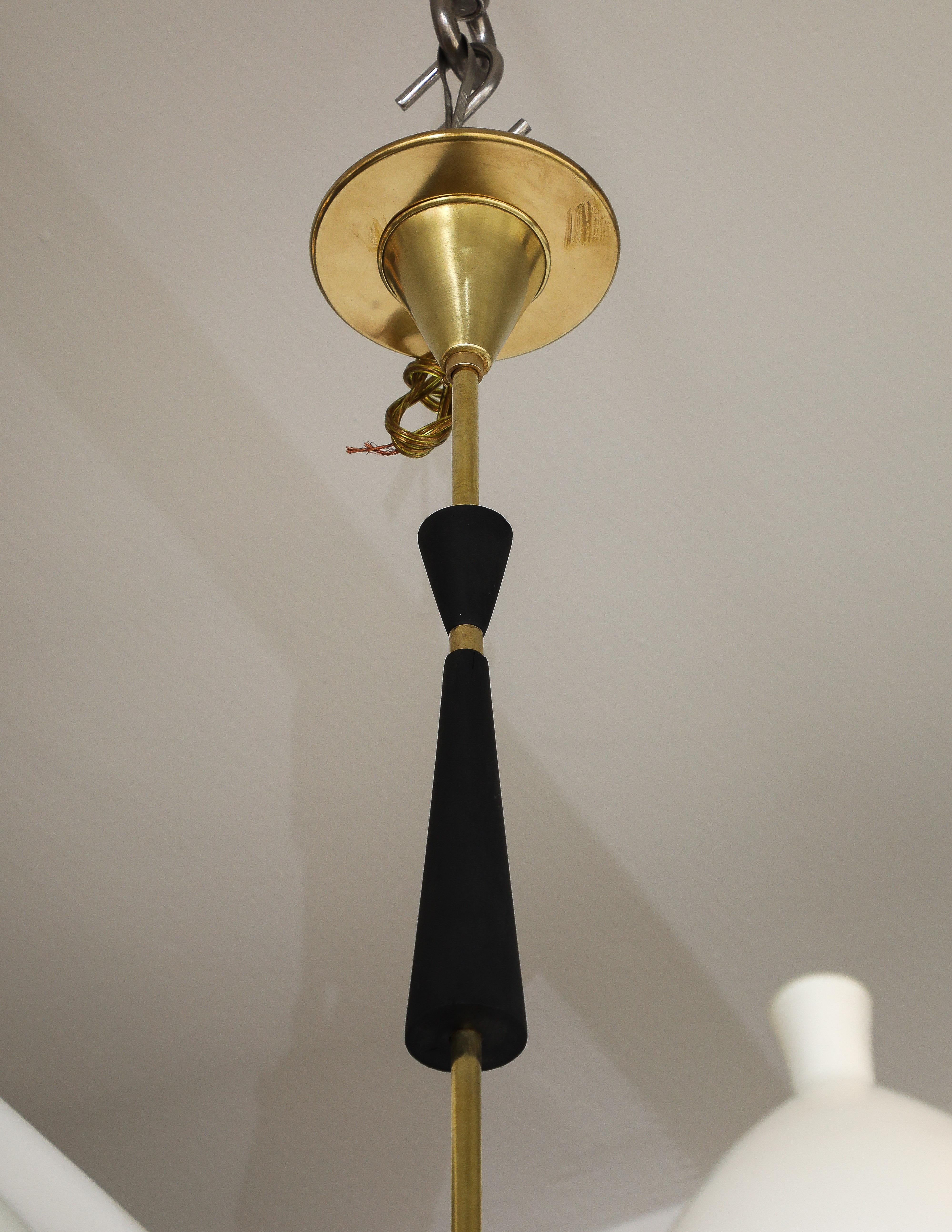 Mid-20th Century 1950's Stilnovo Style Brass And Opaline Glass Italian Chandelier For Sale