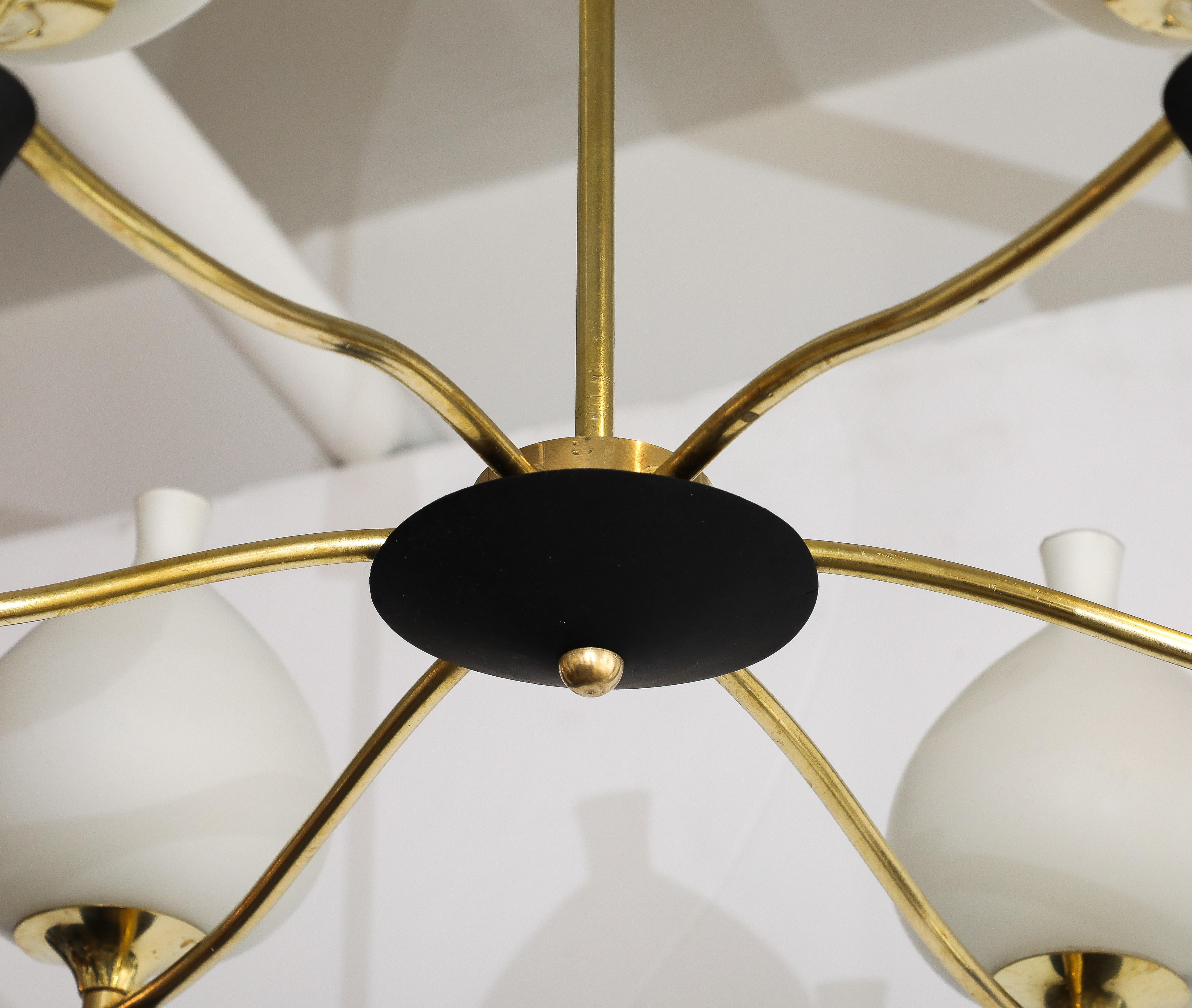 1950's Stilnovo Style Brass And Opaline Glass Italian Chandelier For Sale 3