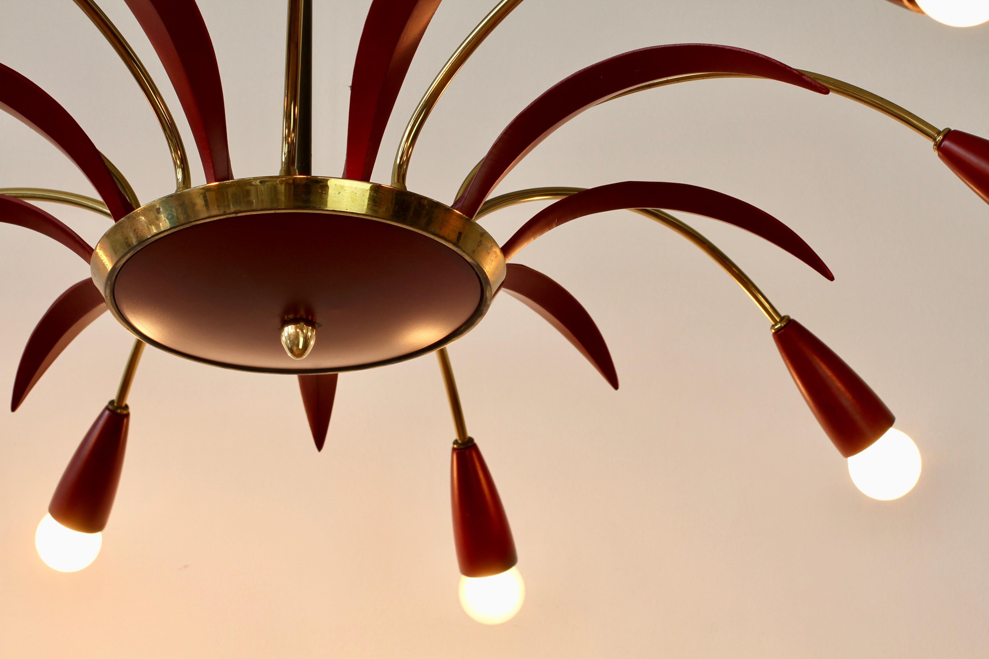 1950s Stilnovo Style Brass and Red Nine Arm Chandelier or Pendant Light Fixture 2