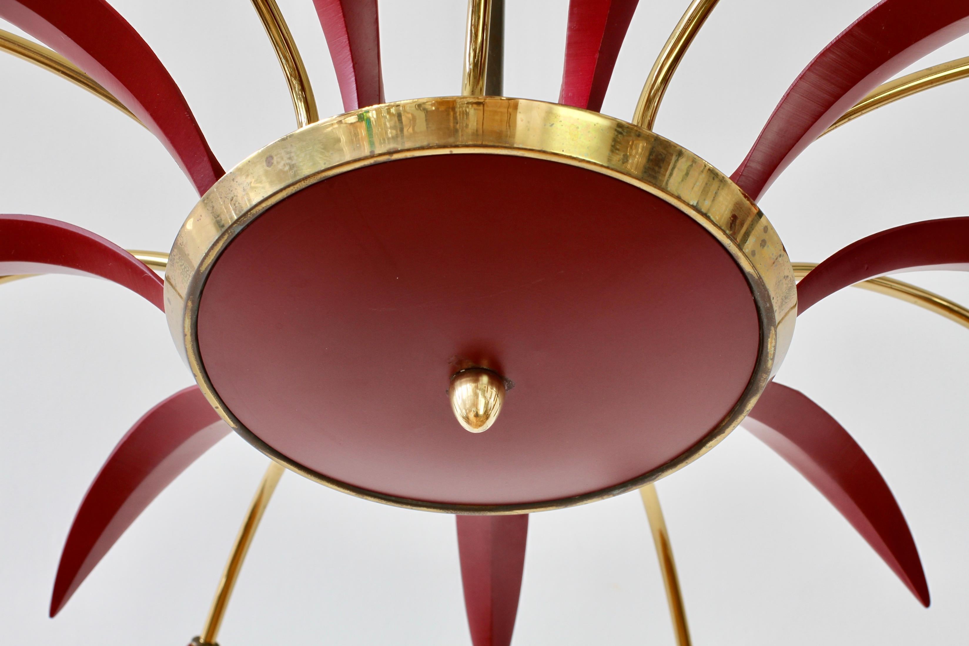 1950s Stilnovo Style Brass and Red Nine Arm Chandelier or Pendant Light Fixture 6