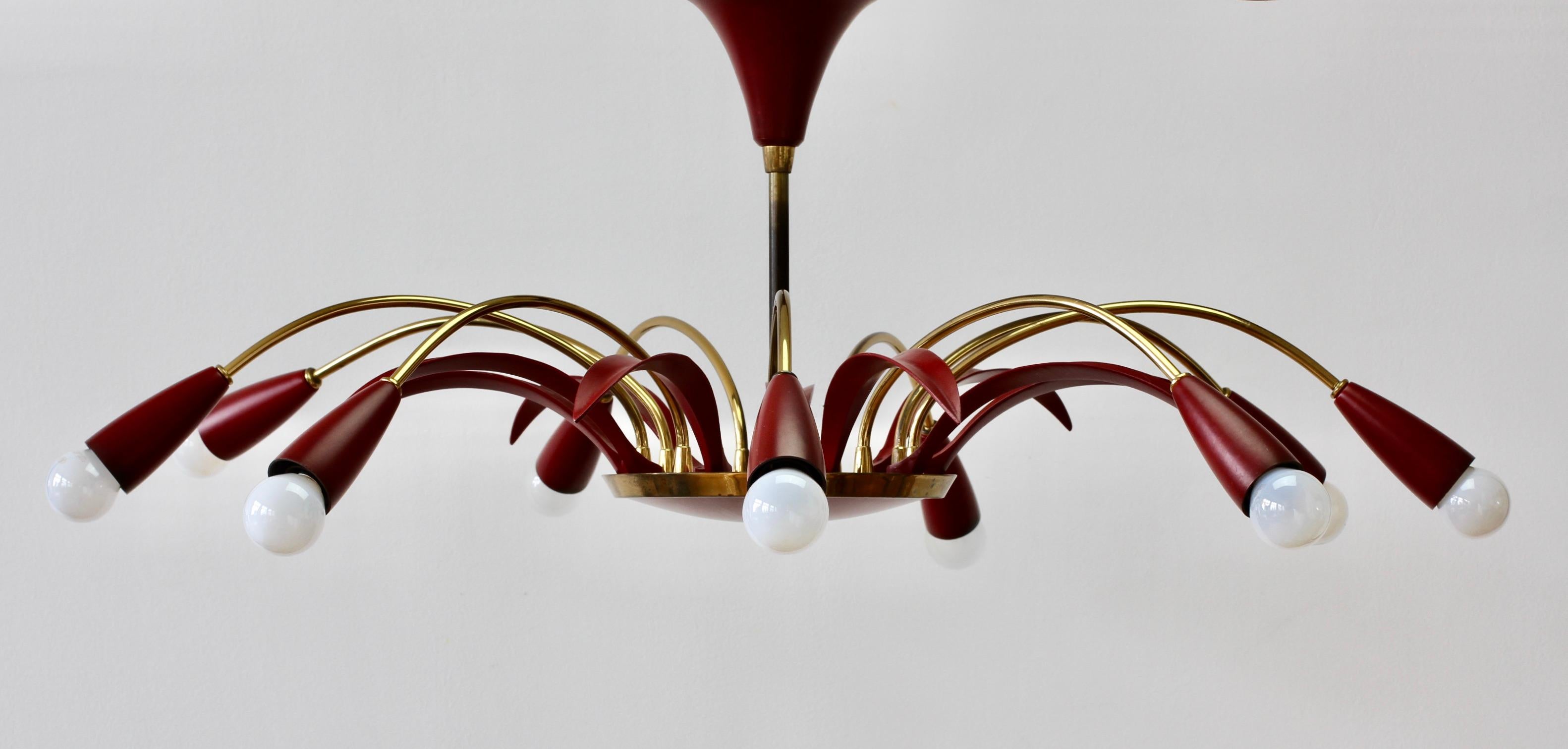 Painted 1950s Stilnovo Style Brass and Red Nine Arm Chandelier or Pendant Light Fixture