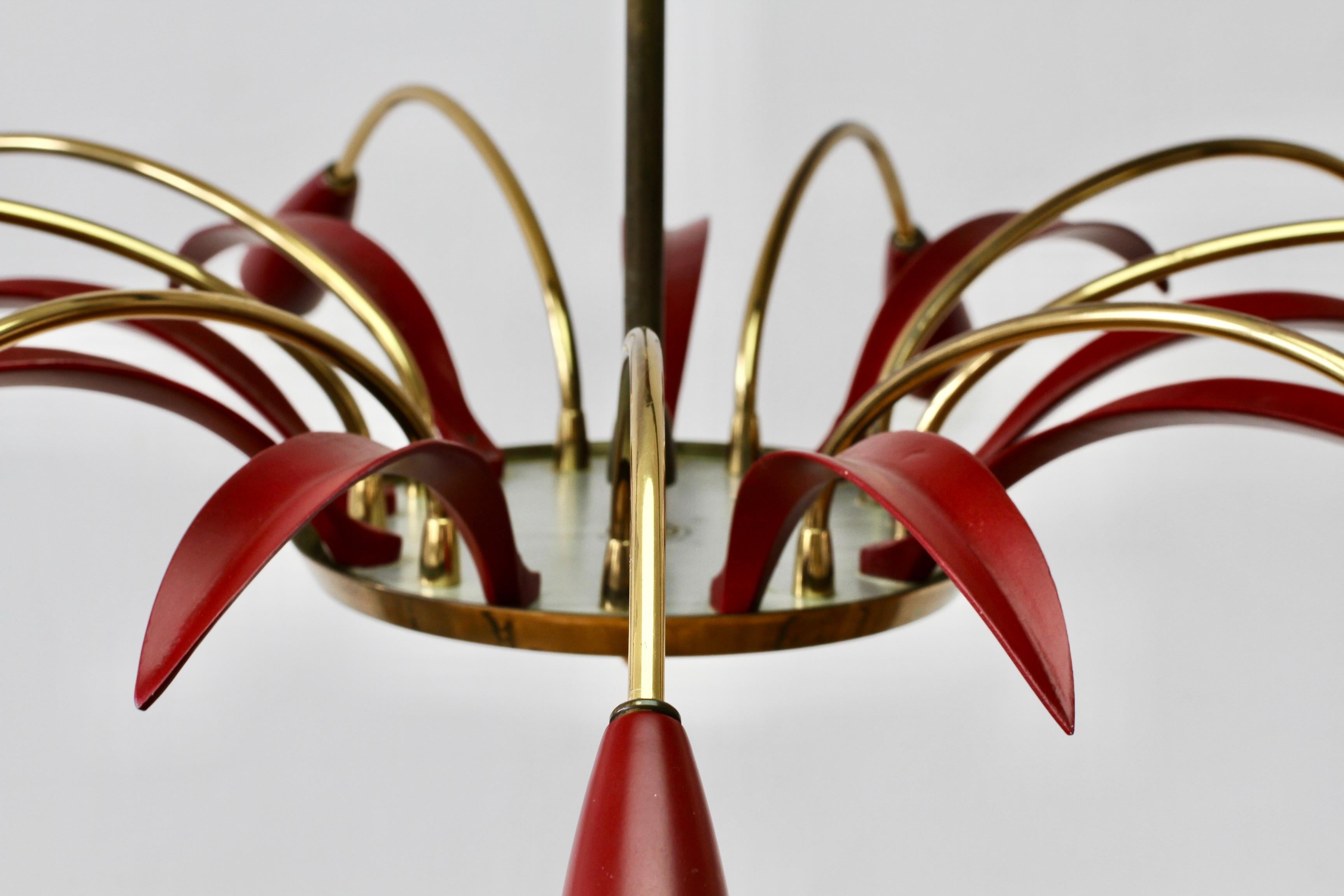 Metal 1950s Stilnovo Style Brass and Red Nine Arm Chandelier or Pendant Light Fixture