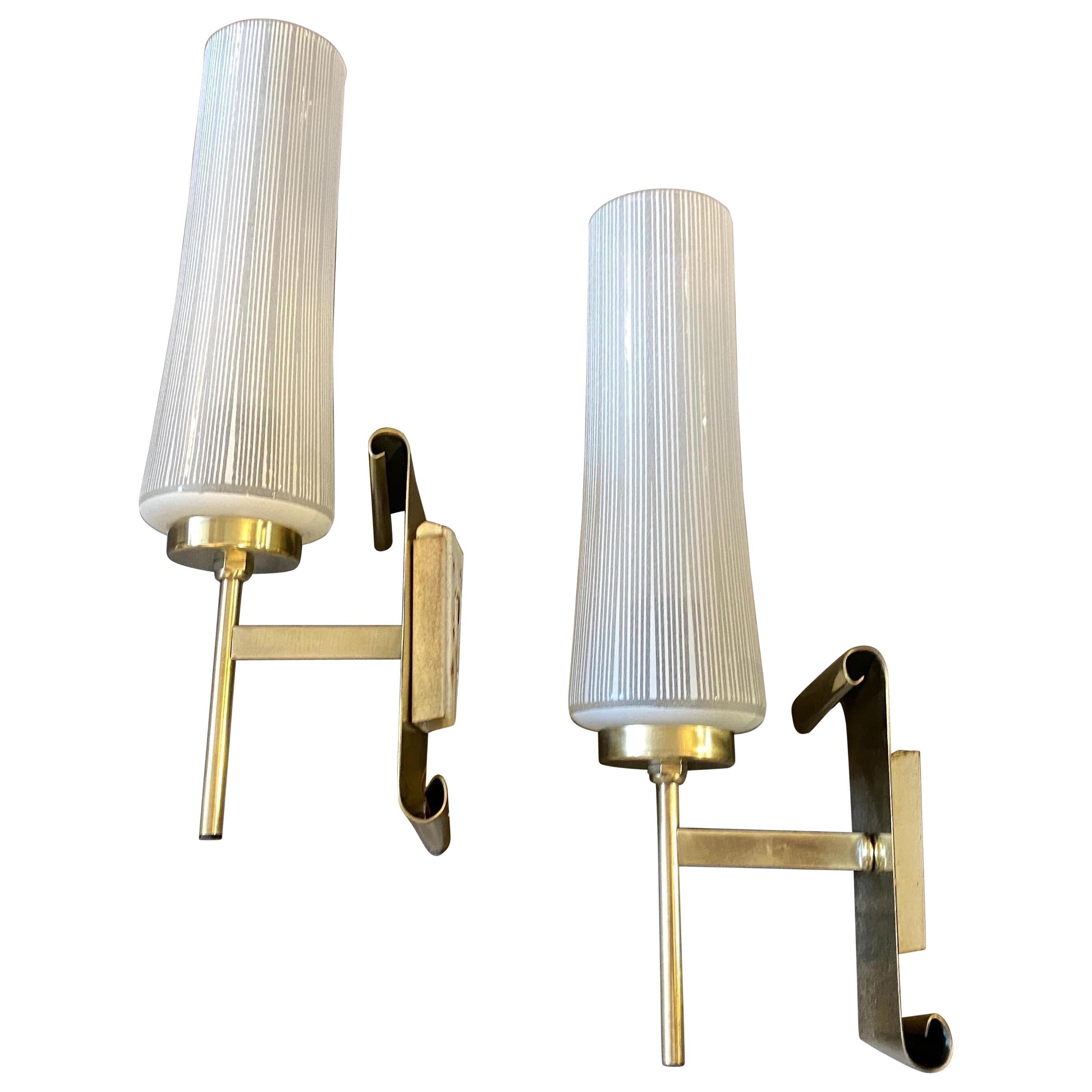 1950s Stilnovo Style Mid-Century Modern Set of Two Brass and Glass Wall Sconces