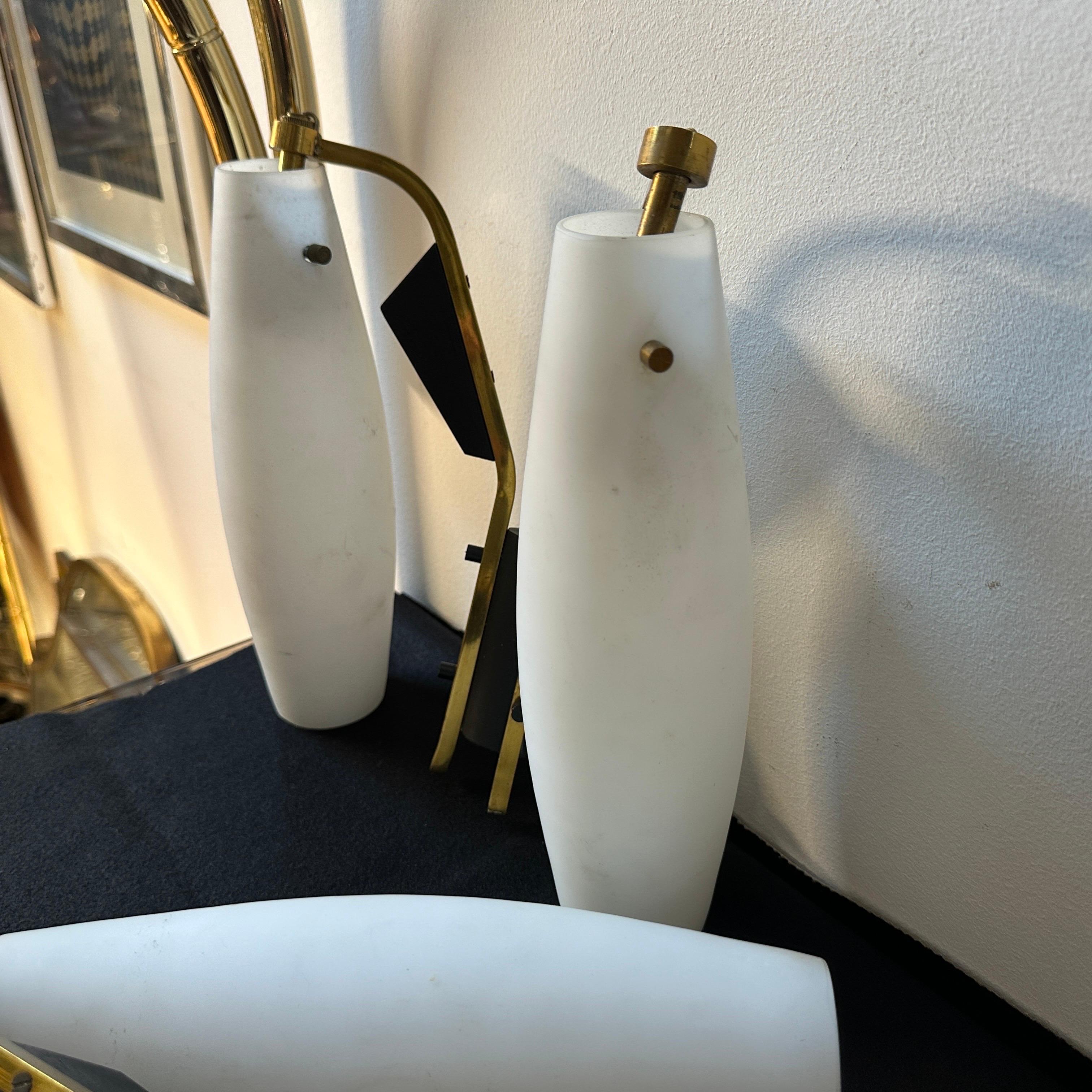 1950s Stilnovo Style Mid-Century Modern Wood Brass and White Glass wall Sconces For Sale 6