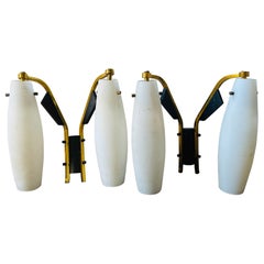 1950s Stilnovo Style Mid-Century Modern Wood Brass and White Glass Wall Sconces