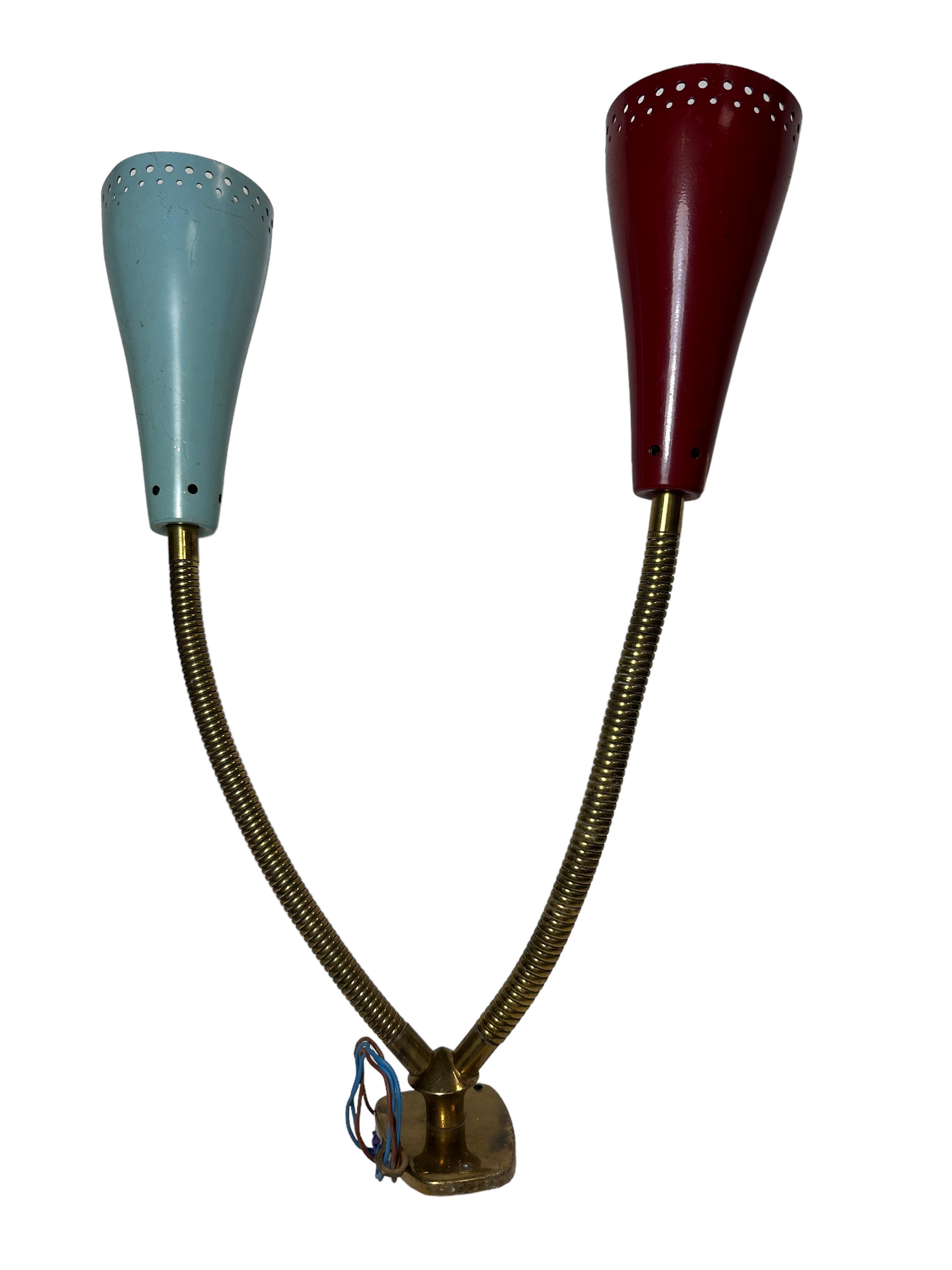 1950s Stilnovo Style Two Arm Gooseneck Sconce Blue and Red, Kalmar Austria For Sale 1