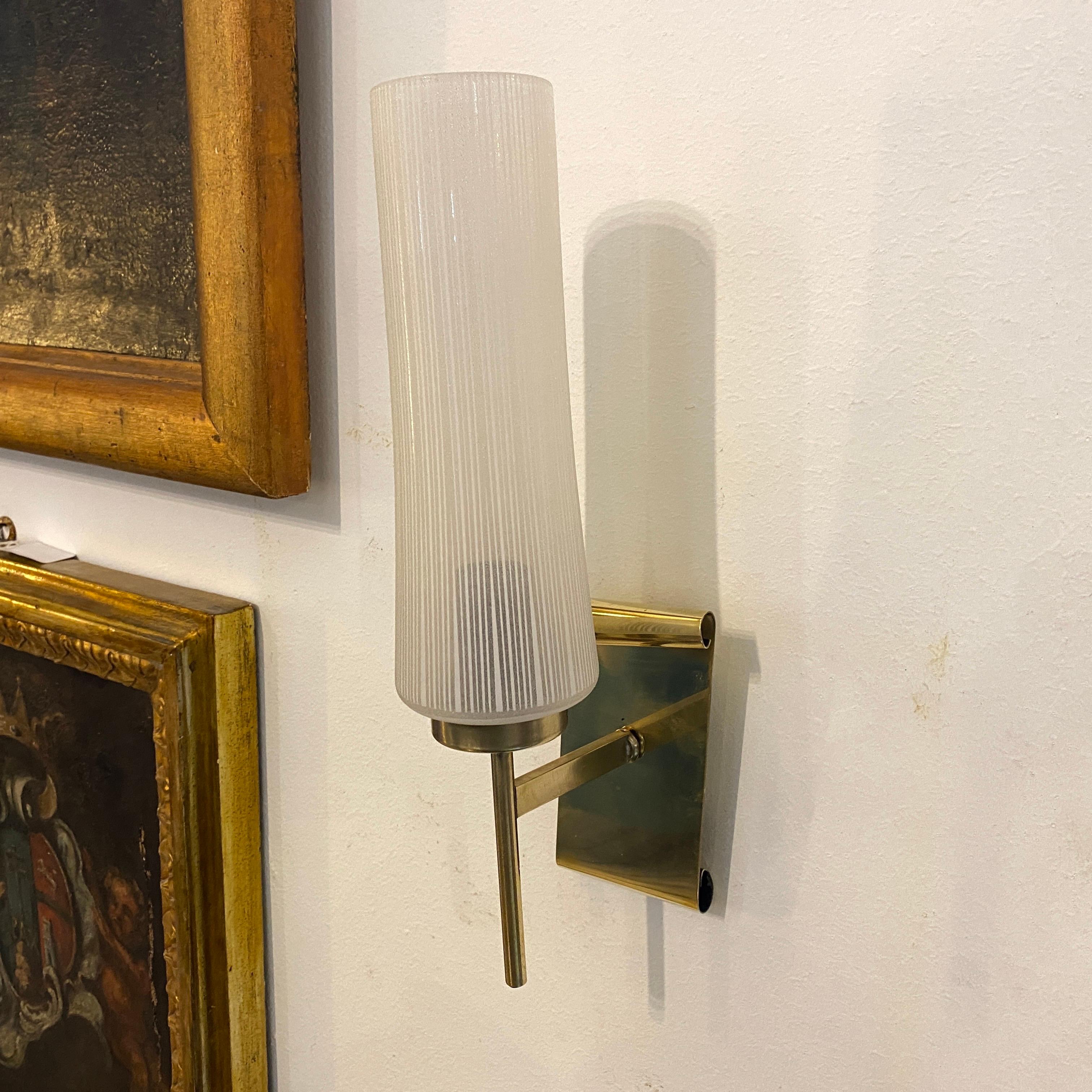 Italian 1950s Stilnovo Style Mid-Century Modern Set of Two Brass and Glass Wall Sconces