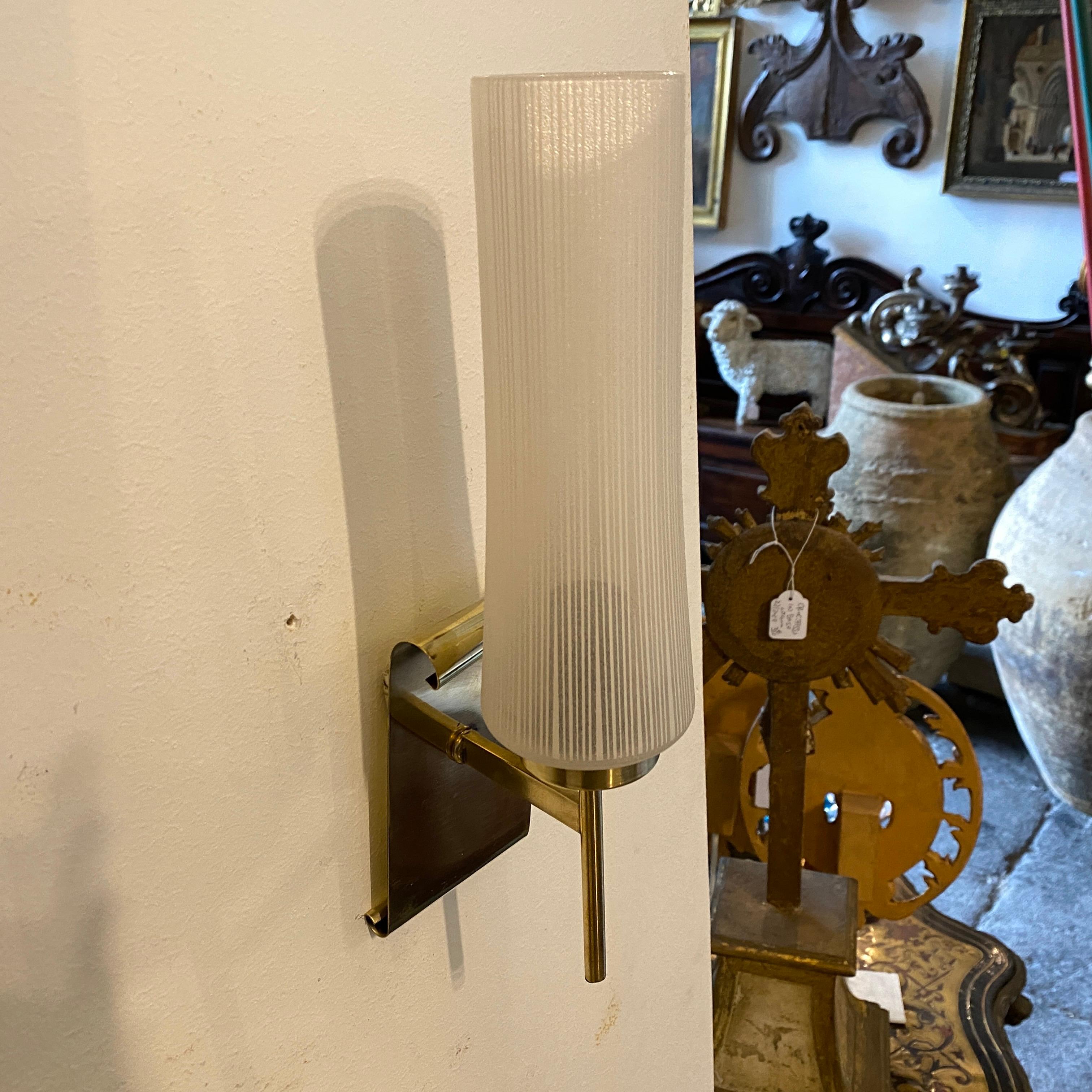 20th Century 1950s Stilnovo Style Mid-Century Modern Set of Two Brass and Glass Wall Sconces