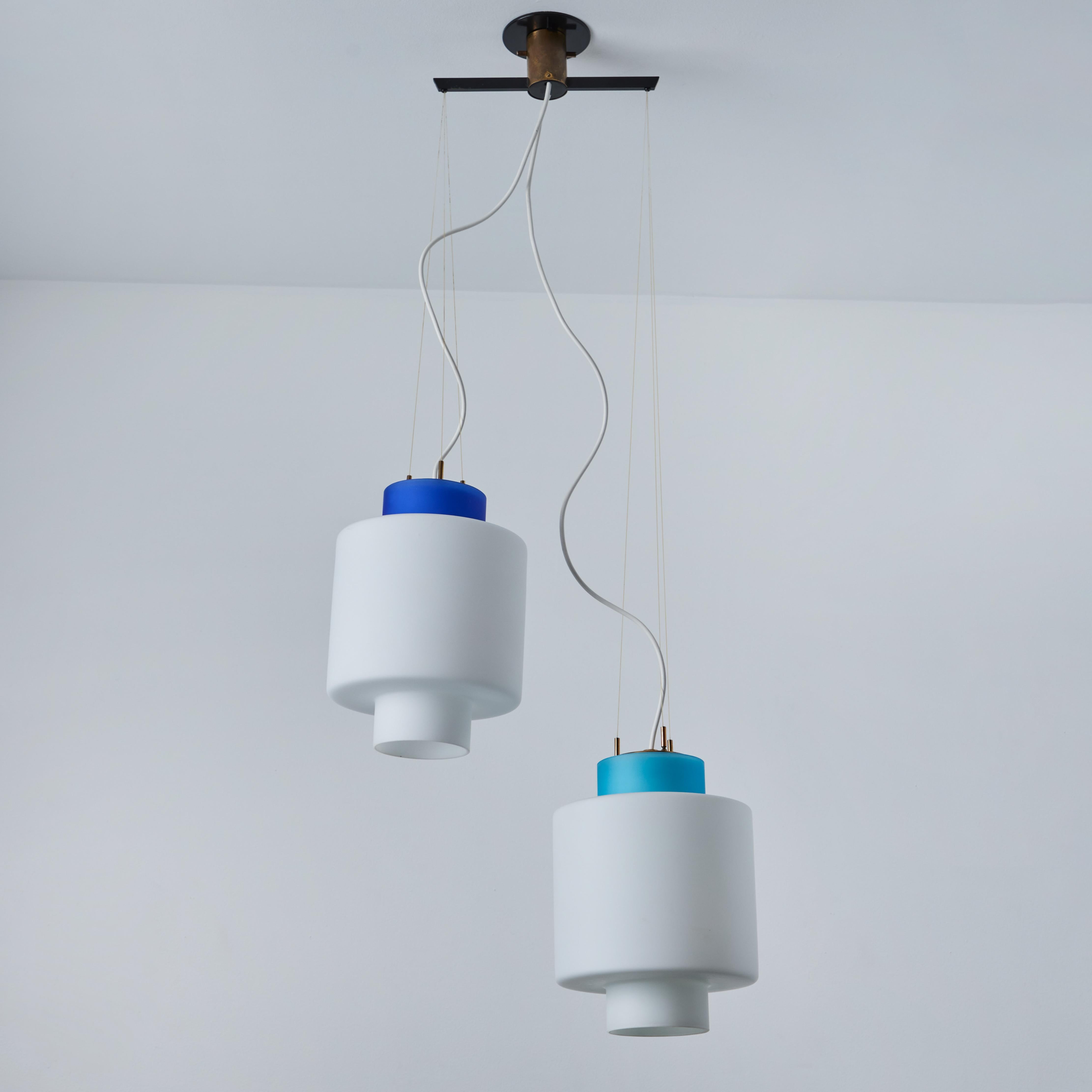 1950s Stilnovo Two-Pendant Blue and White Opaline Glass Suspension Lamp For Sale 4