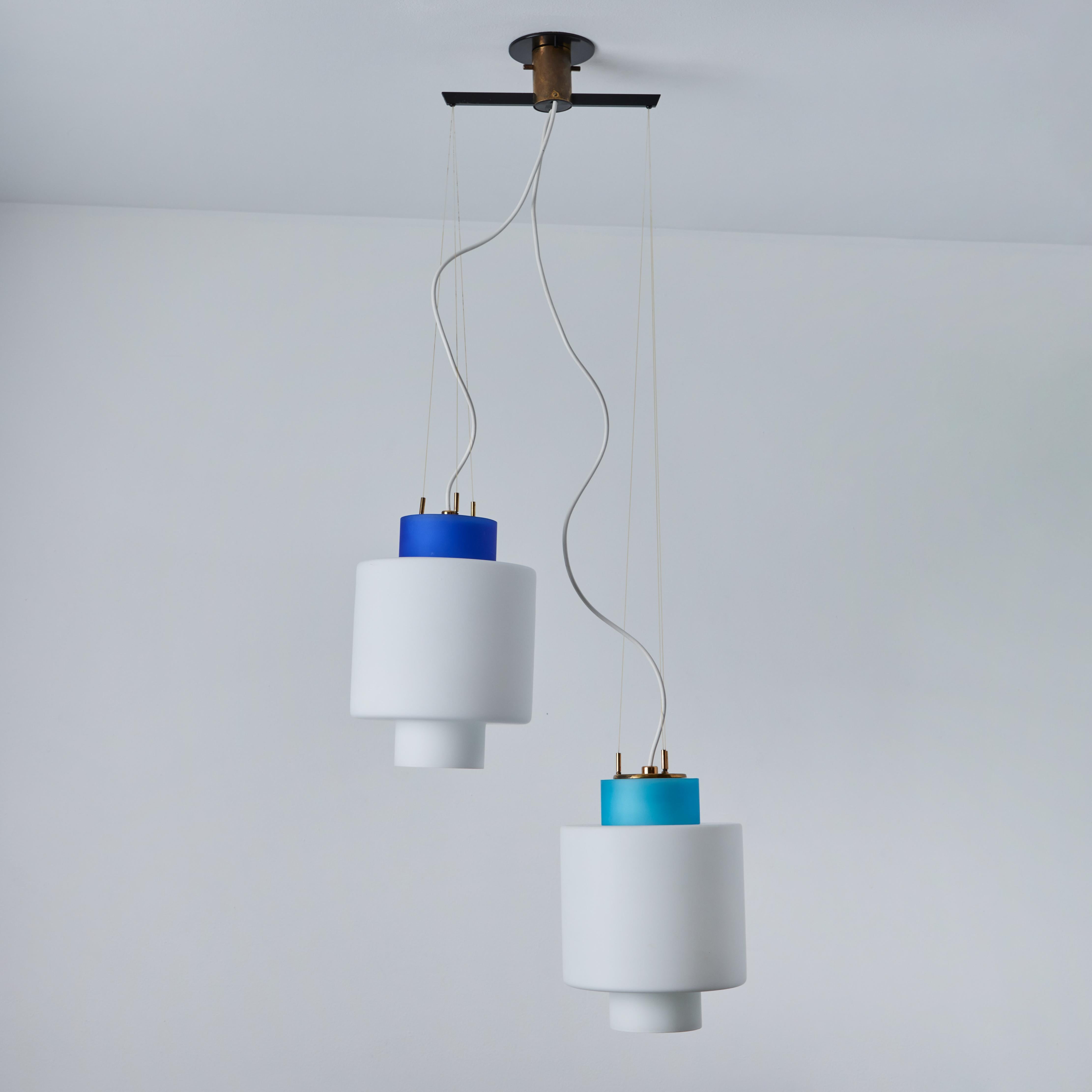 1950s Stilnovo Two-Pendant Blue and White Opaline Glass Suspension Lamp For Sale 6