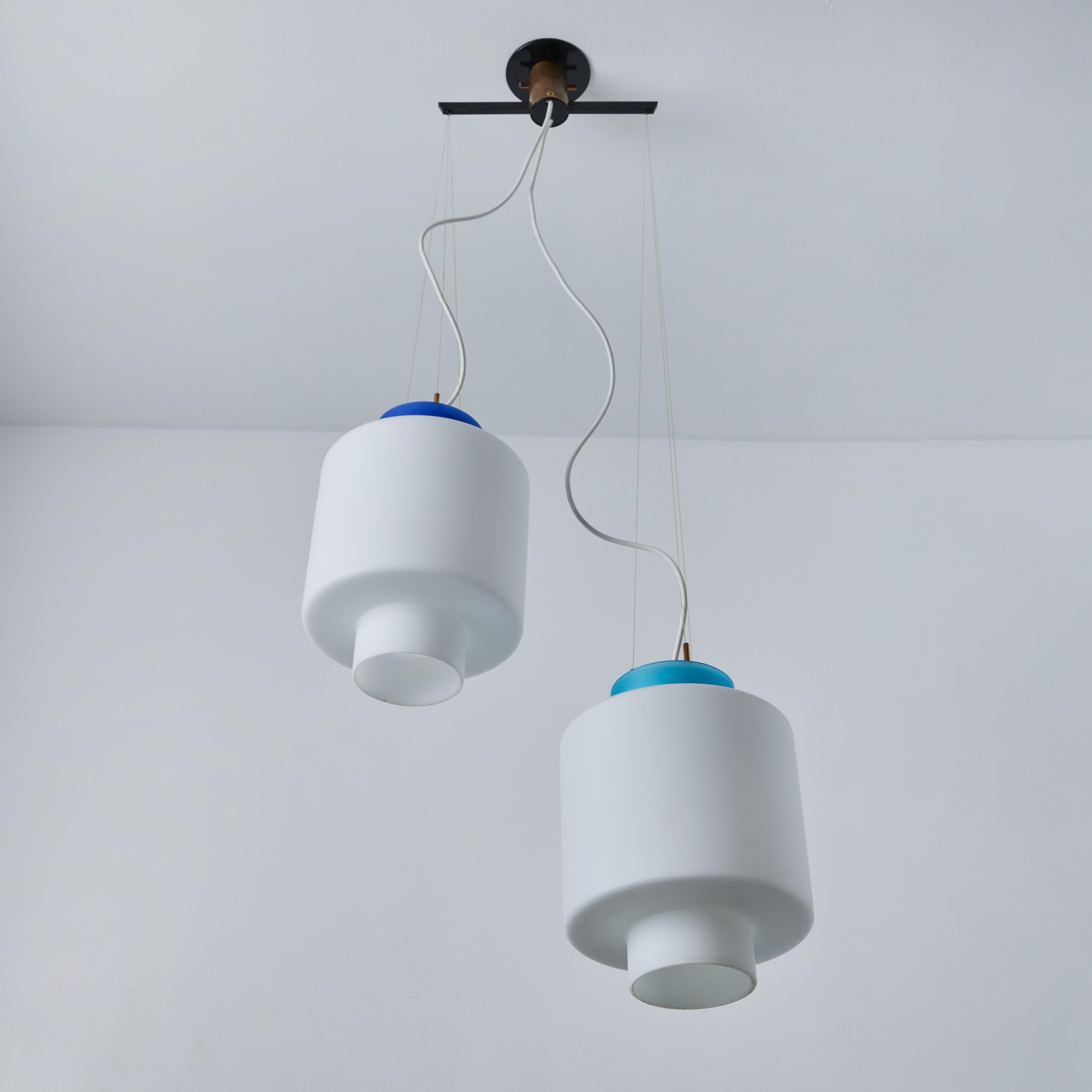 1950s Stilnovo Two-Pendant Blue and White Opaline Glass Suspension Lamp For Sale 7