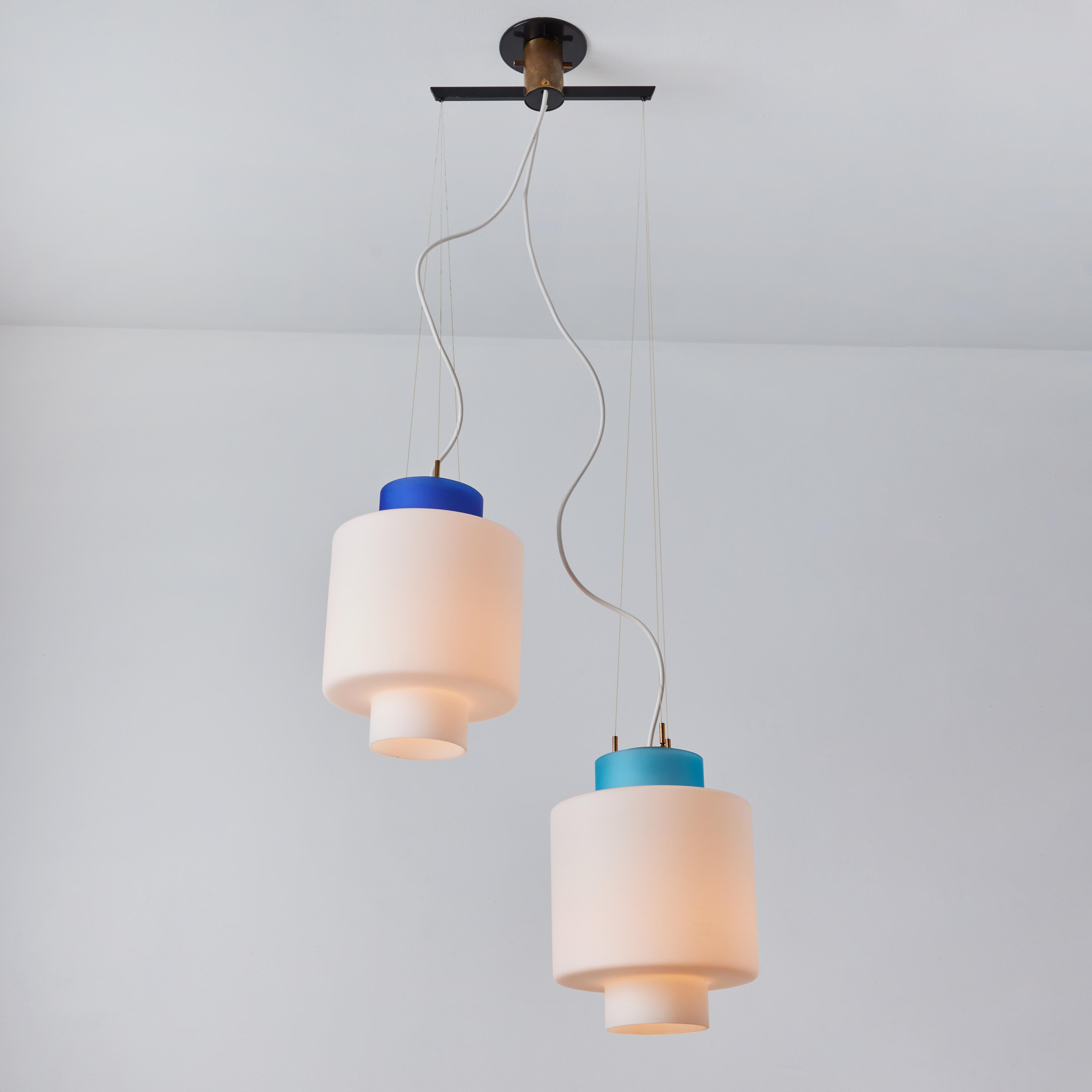 Mid-Century Modern 1950s Stilnovo Two-Pendant Blue and White Opaline Glass Suspension Lamp For Sale