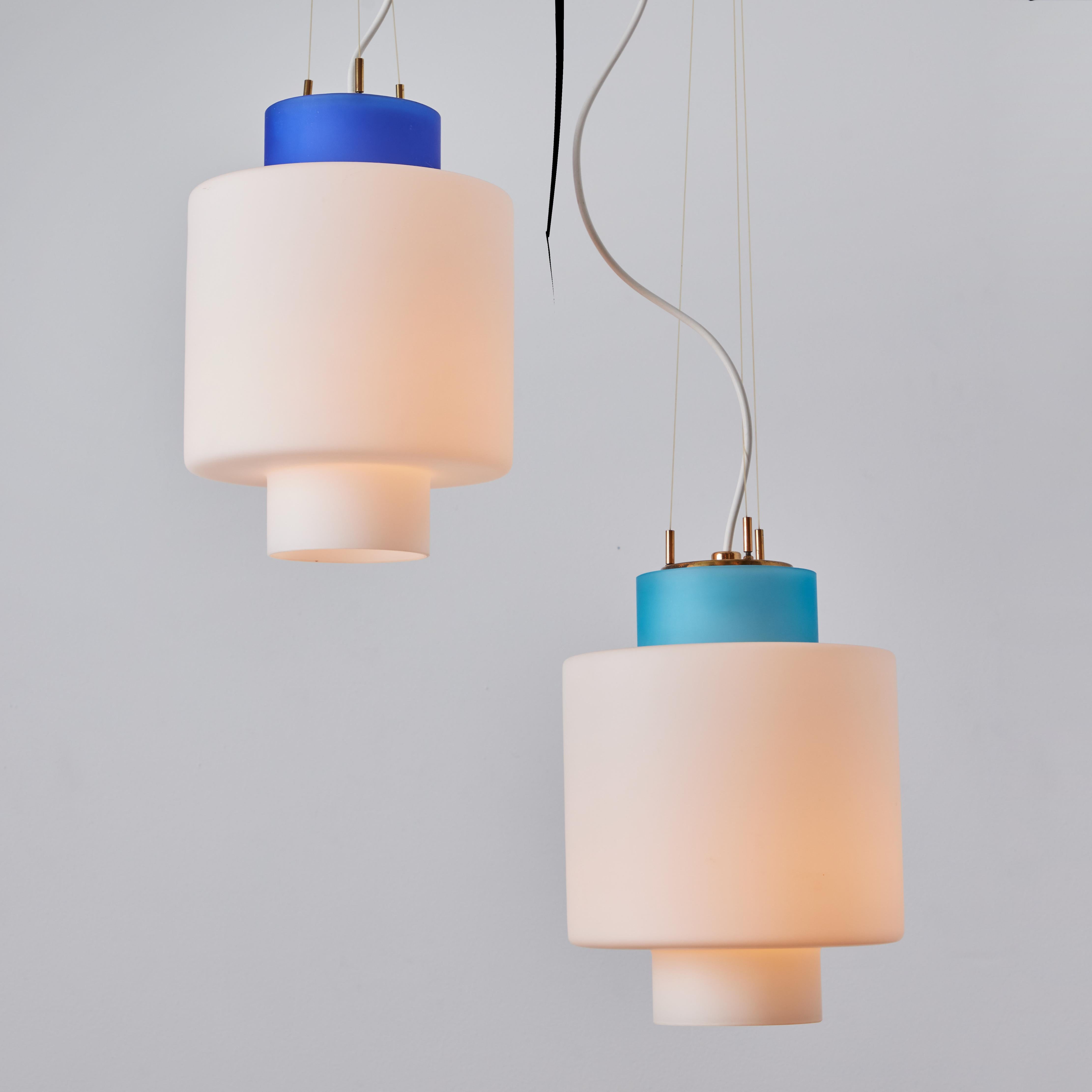 Italian 1950s Stilnovo Two-Pendant Blue and White Opaline Glass Suspension Lamp For Sale