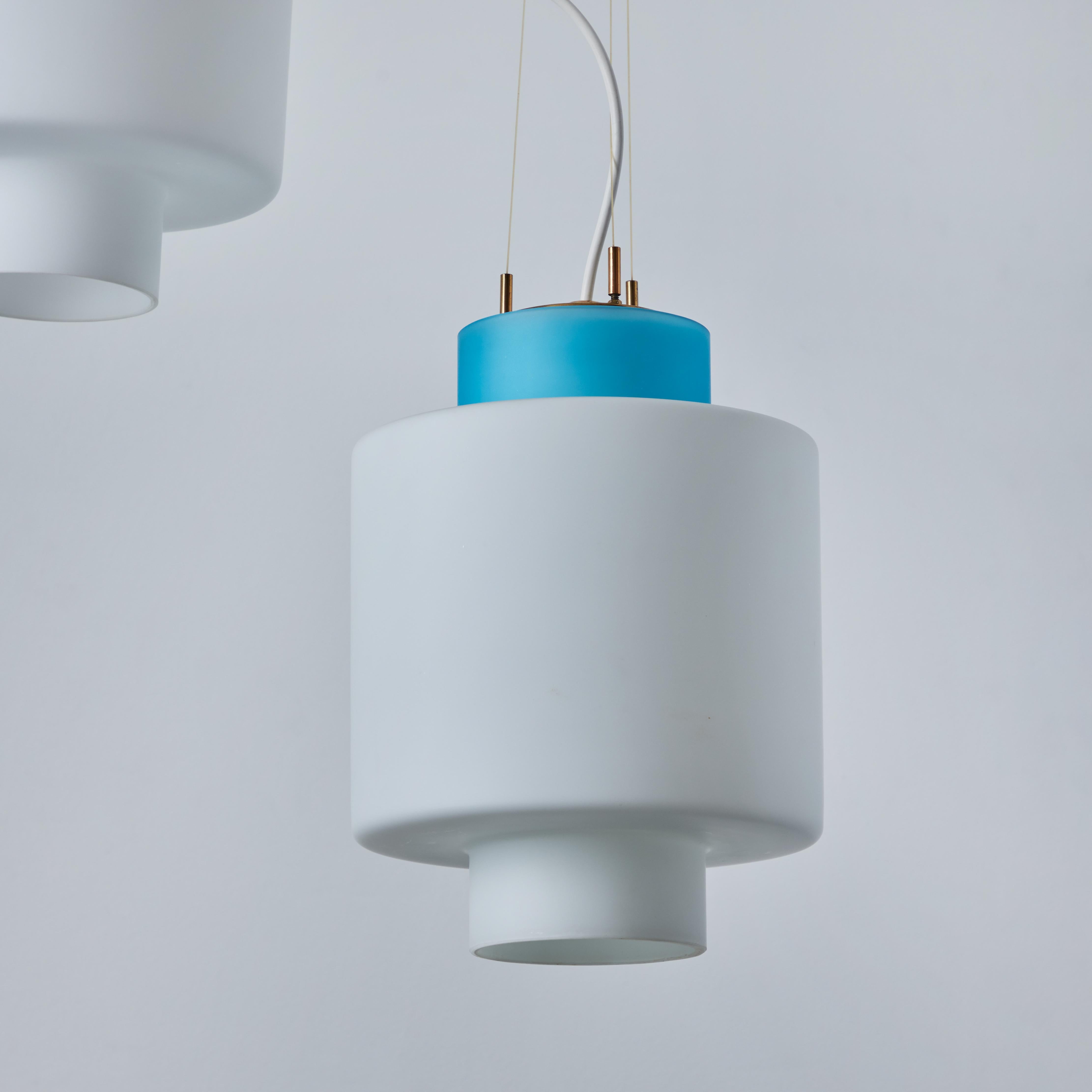 1950s Stilnovo Two-Pendant Blue and White Opaline Glass Suspension Lamp For Sale 2