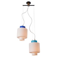 Vintage 1950s Stilnovo Two-Pendant Blue and White Opaline Glass Suspension Lamp