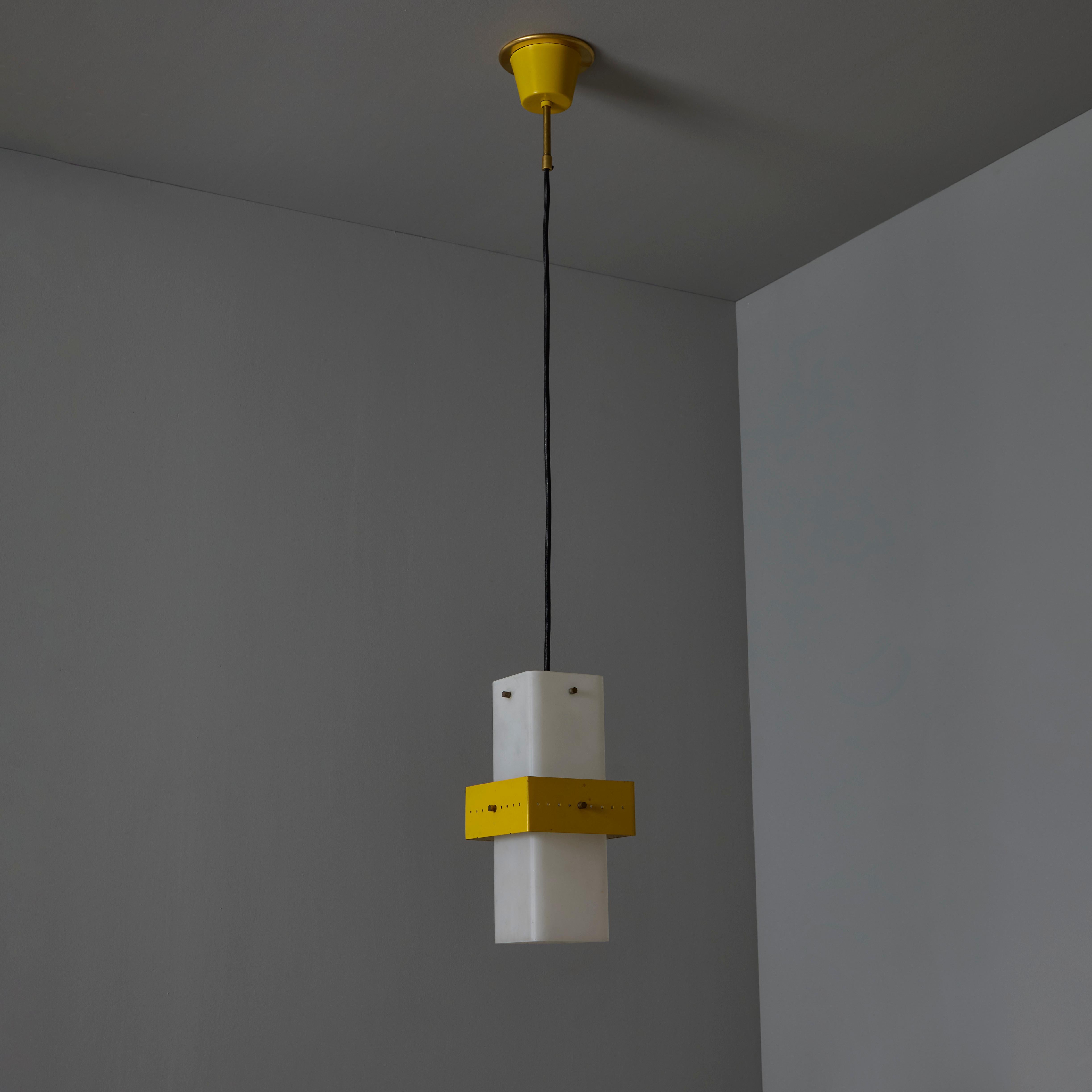 1950s Stilnovo Yellow Painted Metal & Opaline Glass Suspension Lamp For Sale 5