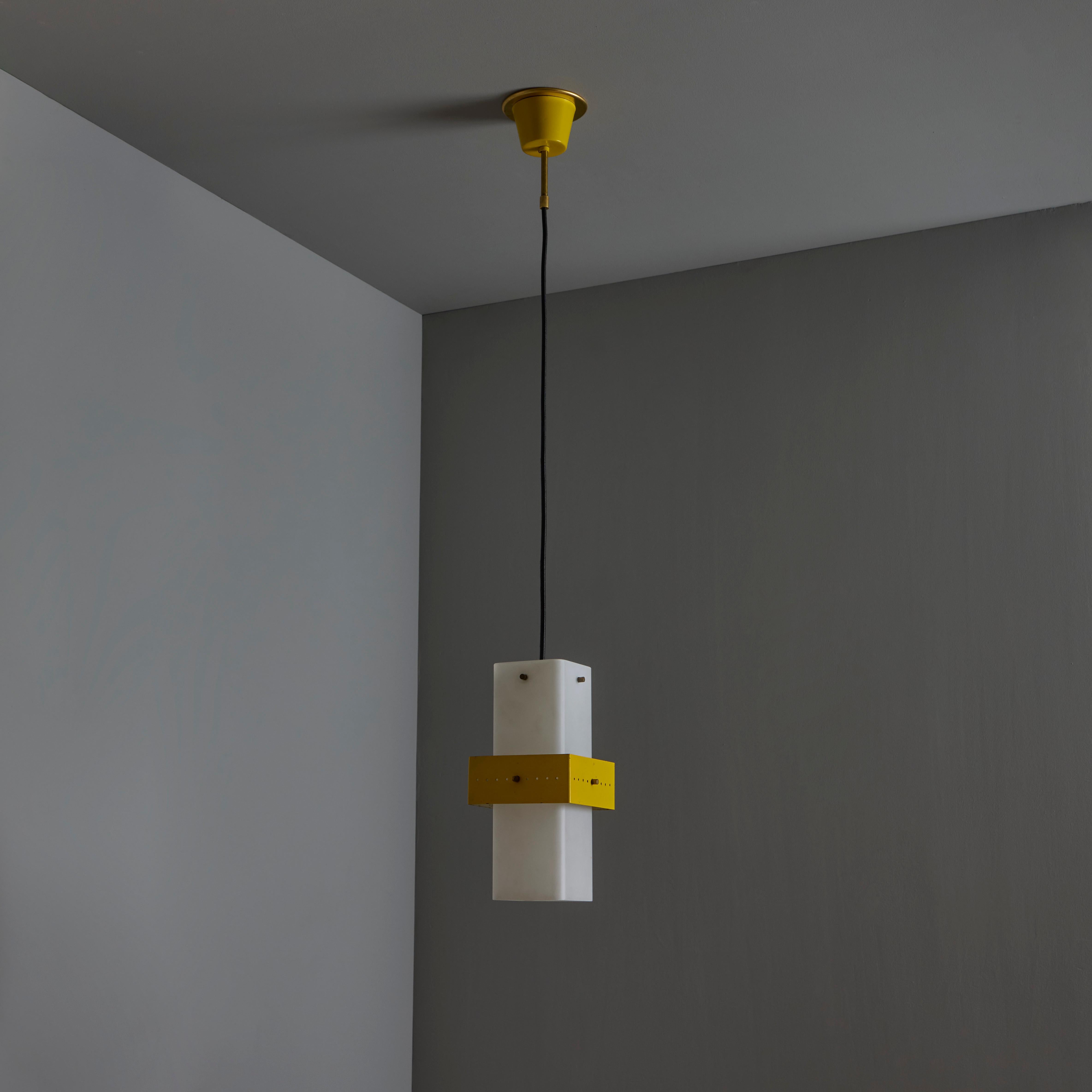 1950s Stilnovo Yellow Painted Metal & Opaline Glass Suspension Lamp For Sale 7