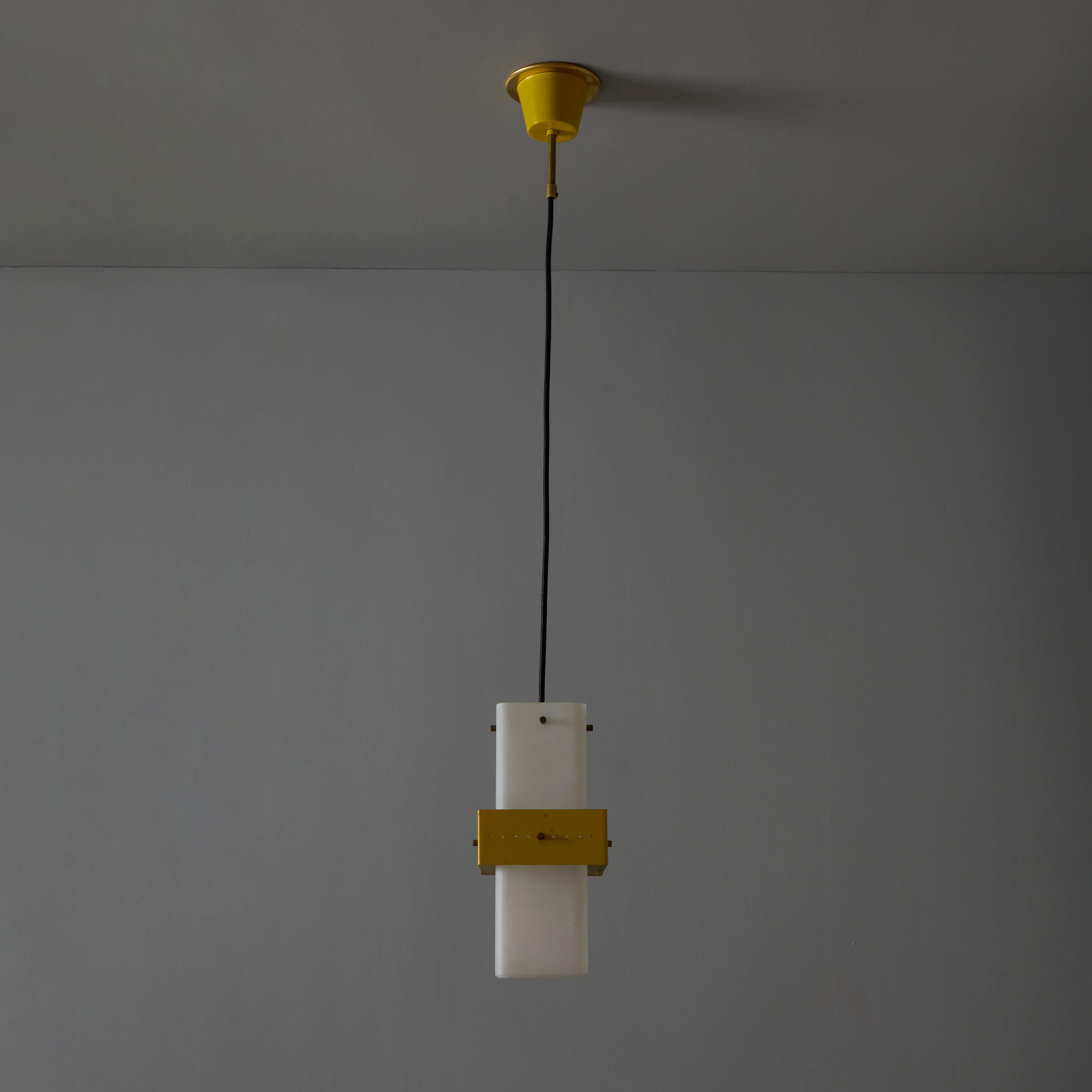 Mid-Century Modern 1950s Stilnovo Yellow Painted Metal & Opaline Glass Suspension Lamp For Sale