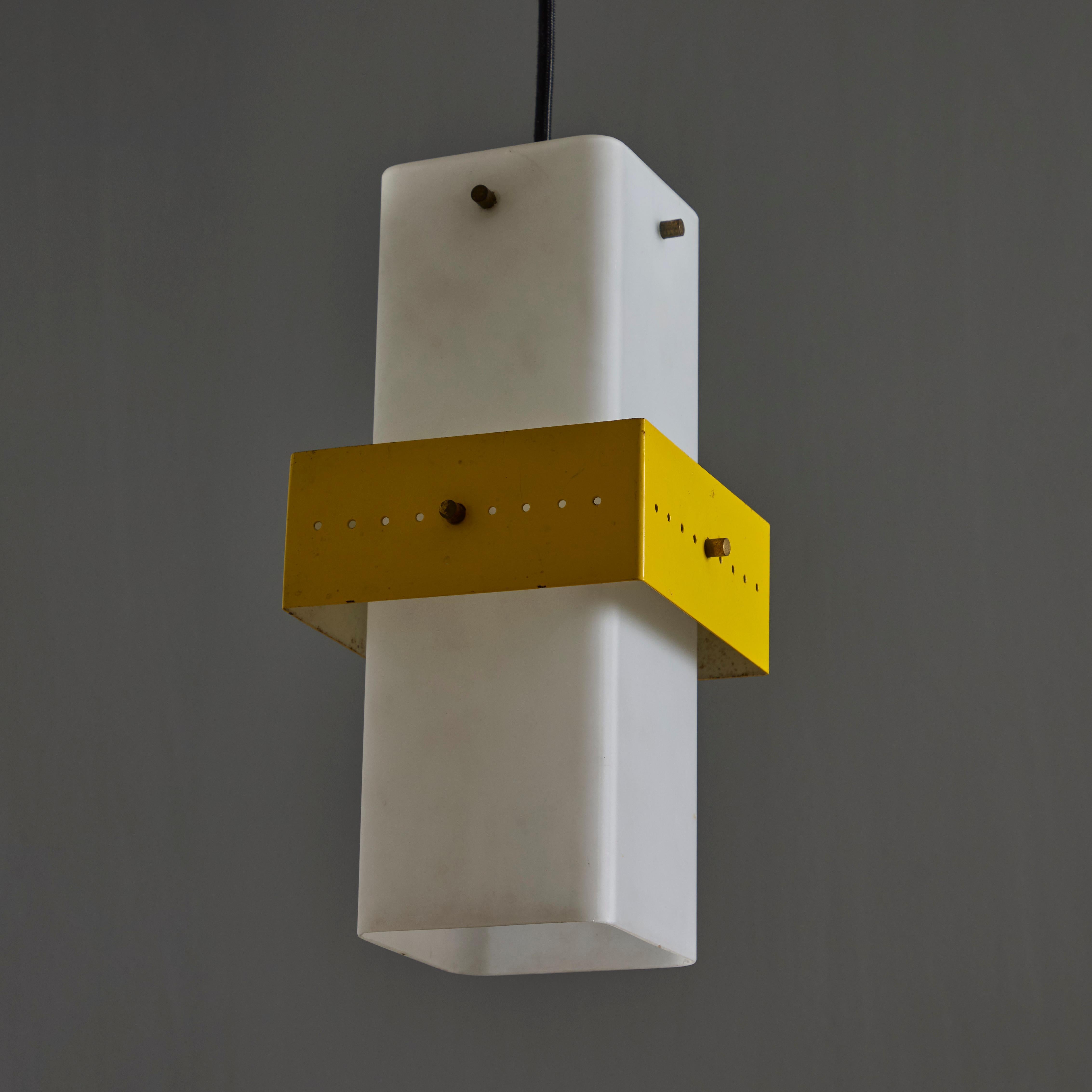Italian 1950s Stilnovo Yellow Painted Metal & Opaline Glass Suspension Lamp For Sale