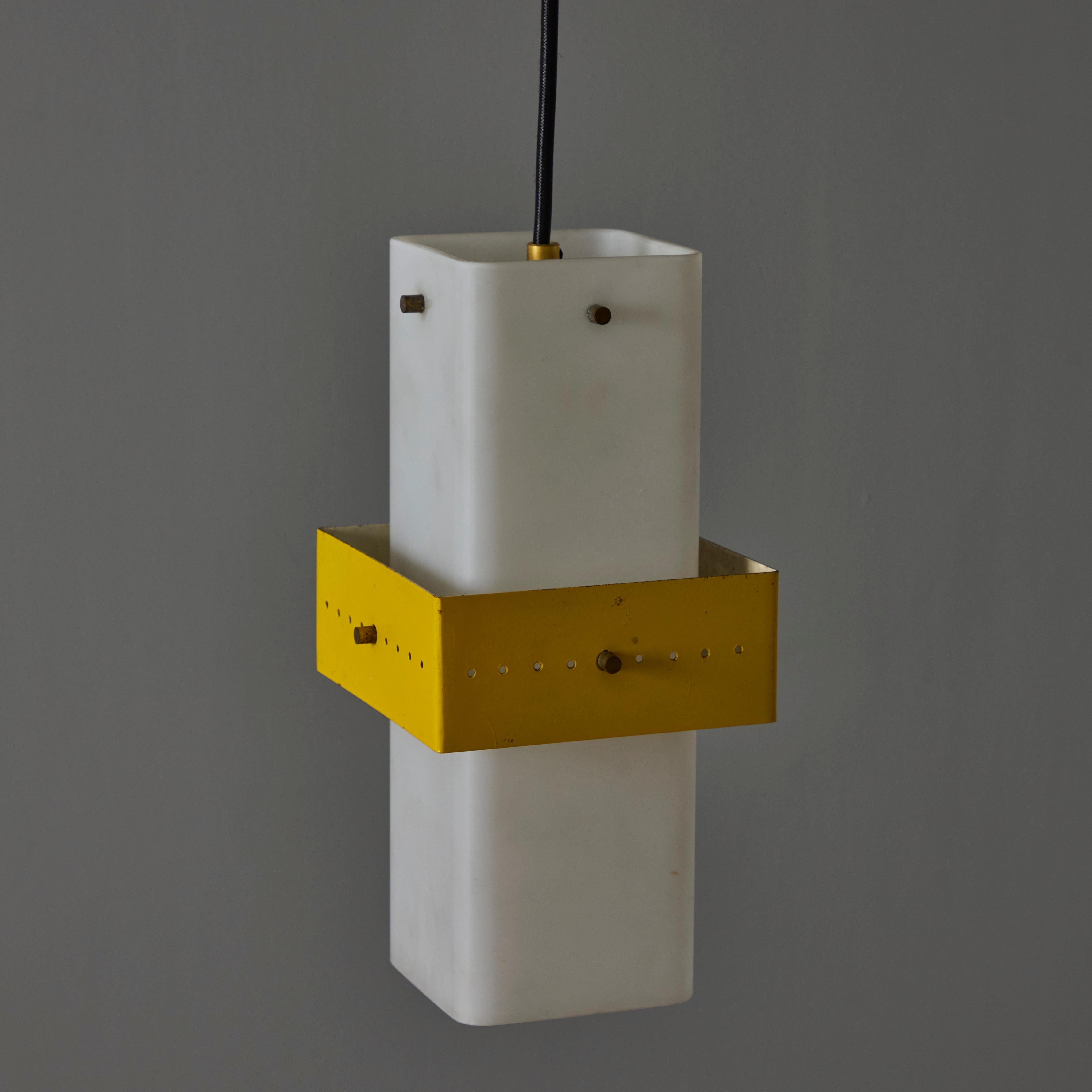1950s Stilnovo Yellow Painted Metal & Opaline Glass Suspension Lamp In Good Condition For Sale In Glendale, CA